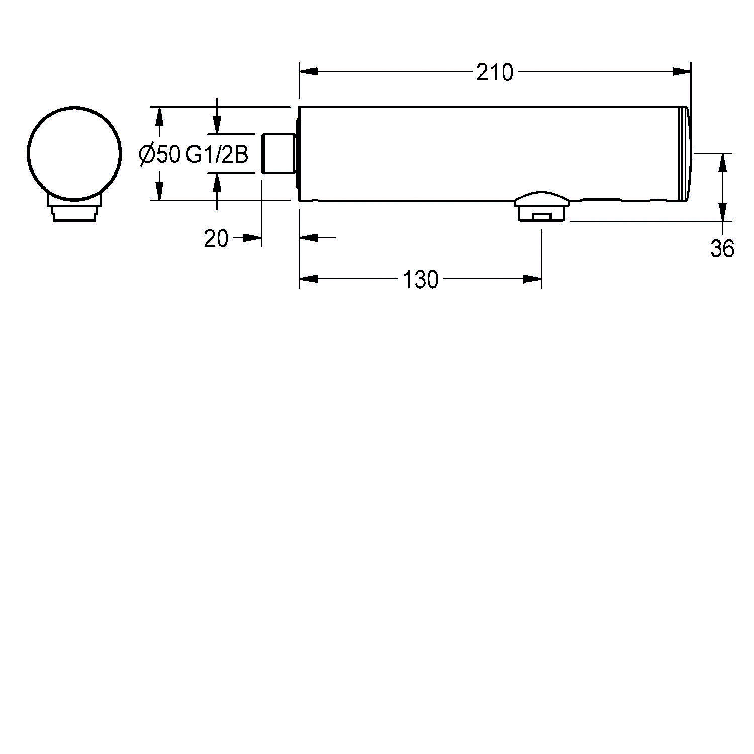 Technische Zeichnung eines zylindrischen Objekts mit Abmessungen: Länge 210 mm, Durchmesser 50 mm. G 1/2B-Anschluss. Zusätzlicher 130 mm-Abschnitt.