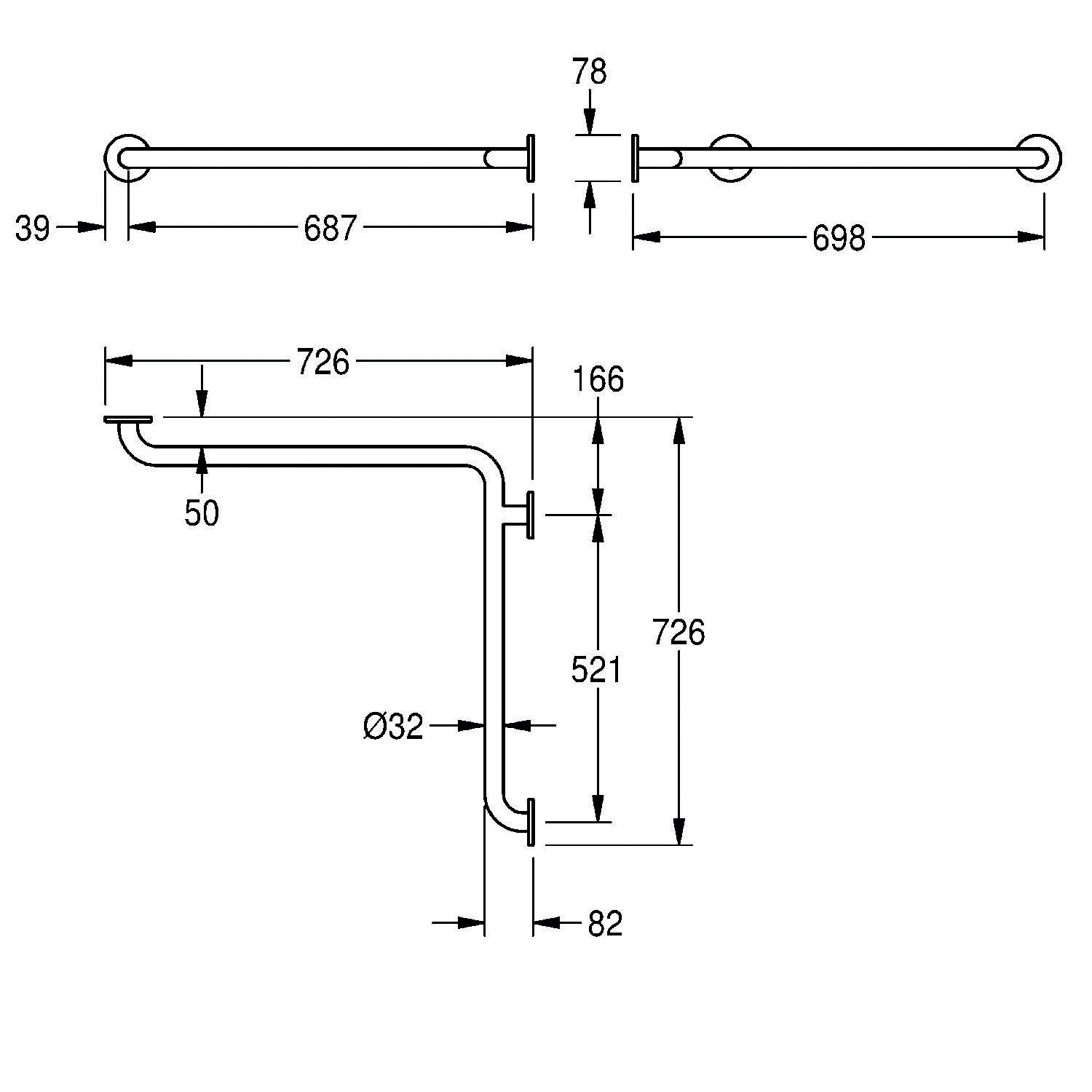 Diagramm der Rohrabmessungen mit Maßen: 39, 50, 78, 82, 166, 521, 687, 698, 726 mm.
