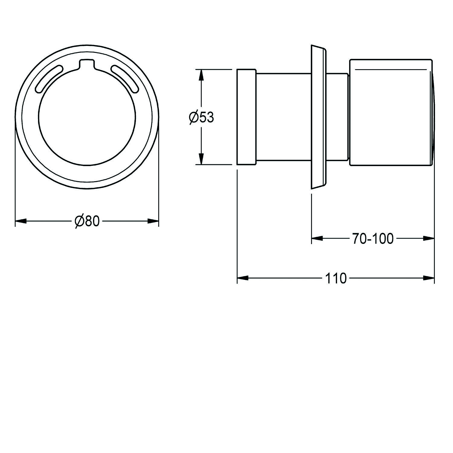 Technische Zeichnung eines zylindrischen Verbinders mit zwei Ansichten: Draufsicht und Seitenansicht. Durchmesser der Draufsicht: Ø80. Seitenansicht Länge: 110 mit einem schmalen Abschnitt von 70-100 Länge und Ø53 Durchmesser.