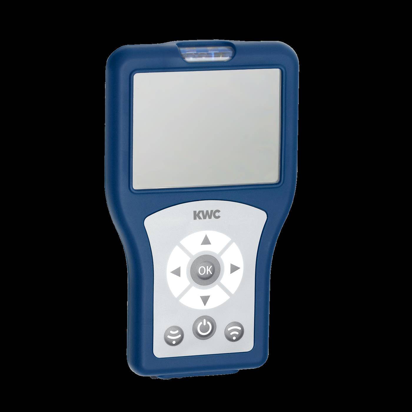 Blaues KWC-Handgerät mit leerem Display und zentralem OK-Navigationstastenfeld, Vorderansicht auf schwarzem Hintergrund gezeigt.