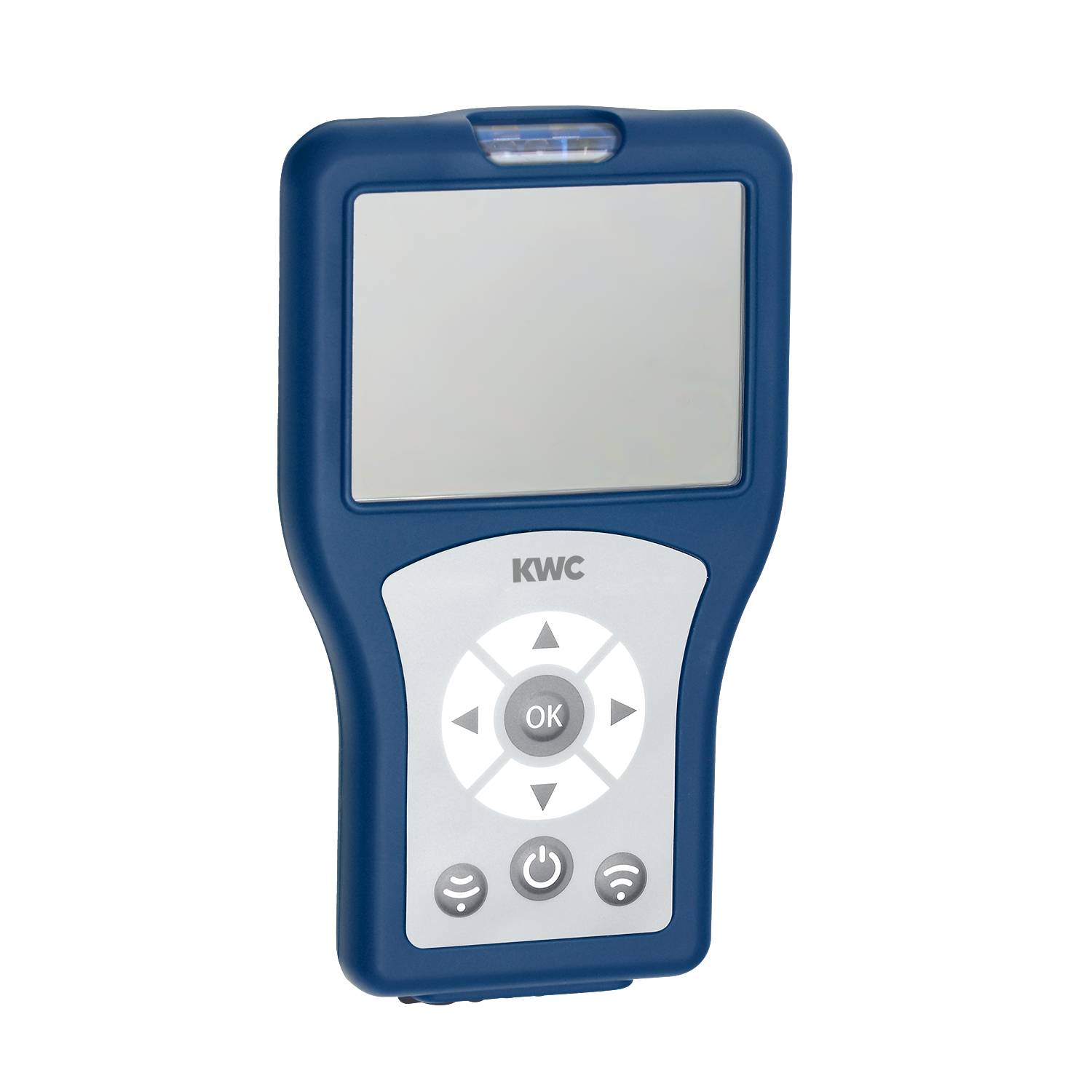 Blaues und graues tragbares elektronisches Gerät mit digitalem Bildschirm und Bedienknöpfen, mit der Aufschrift 'KWC', für Zwecknutzung konzipiert.