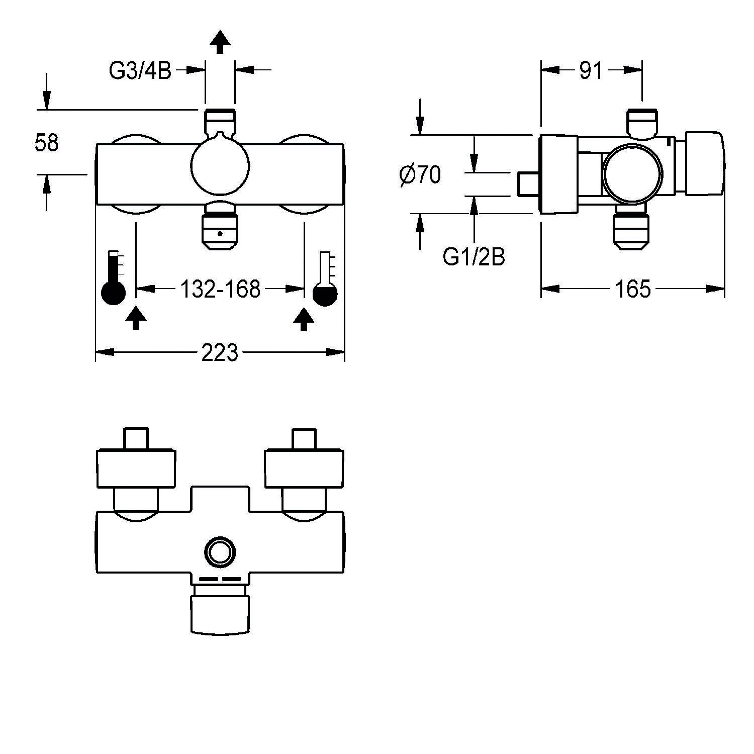 Technische Zeichnung eines thermostatischen Mischventils mit Abmessungen: Höhe 58 mm, Breite 223 mm, Tiefe 165 mm. Anschlüsse detailliert dargestellt.