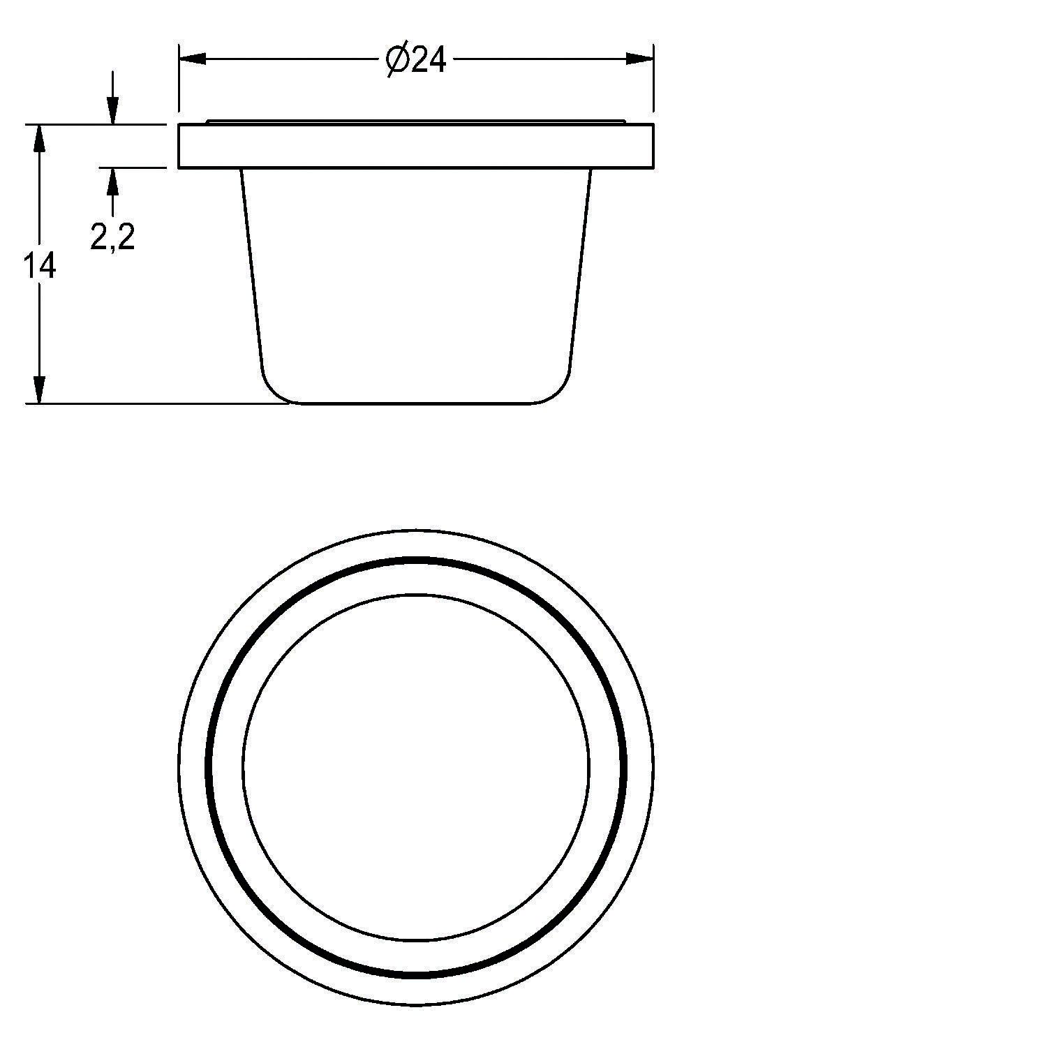Eine technische Linienzeichnung mit Maßangaben für einen runden Behälterdeckel mit einem Durchmesser von 24 mm und einer Höhe von 14 mm, Seiten- und Draufsicht.