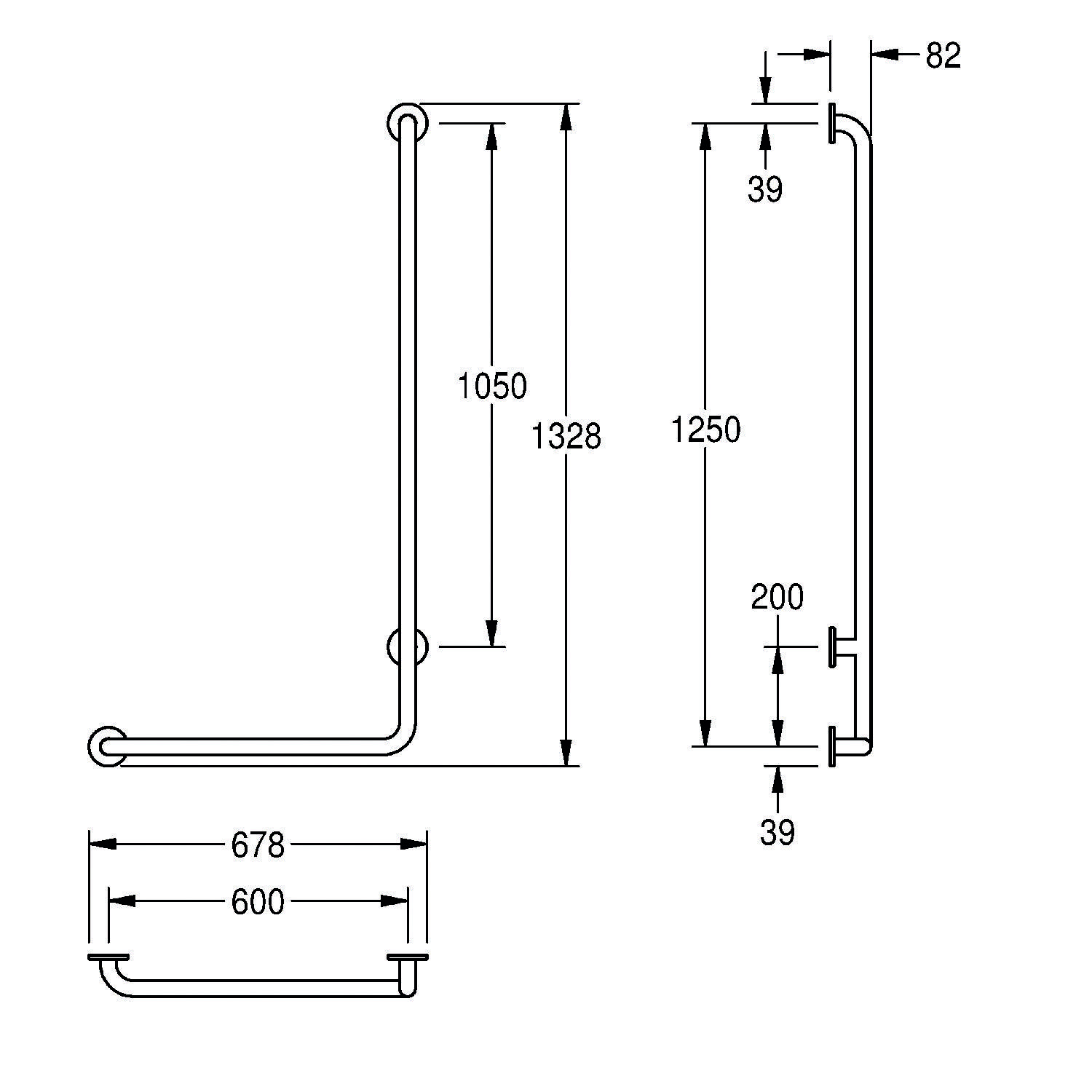 Technische Zeichnung einer Leiter. Linke Ansicht: 1050 mm Höhe, 1328 mm Gesamthöhe, 678 mm Breite. Rechte Ansicht: 82 mm Tiefe, 1250 mm Höhe mit 200 mm Stufenhöhe, 39 mm Abstände.
