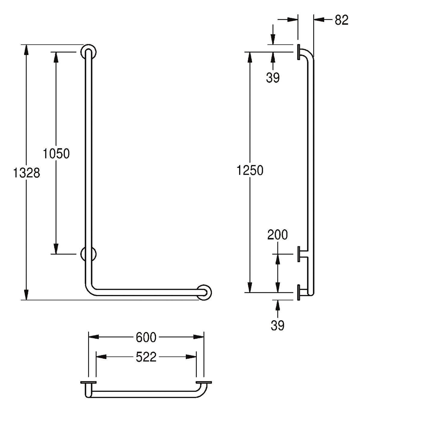 KWC Winkelgriff, CONTINA, Edelstahl, Winkel 90 Grad, Ausf. Re, 678x1328x82 mm