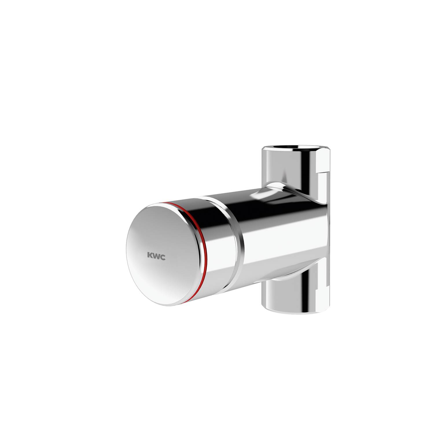 Ein Chrom-Wasserhahn-Griff mit elegantem, modernem Design und einer dezenten roten Akzentlinie vor einem schwarzen Hintergrund.
