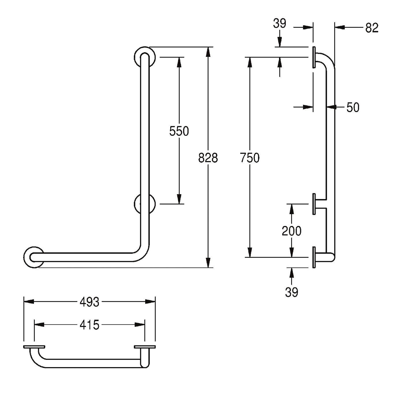 Technische Zeichnung einer Haltestange mit beschrifteten Abmessungen, zeigt Front-, Seiten- und Draufsicht; Gesamtgröße 828 mm hoch und 493 mm breit.