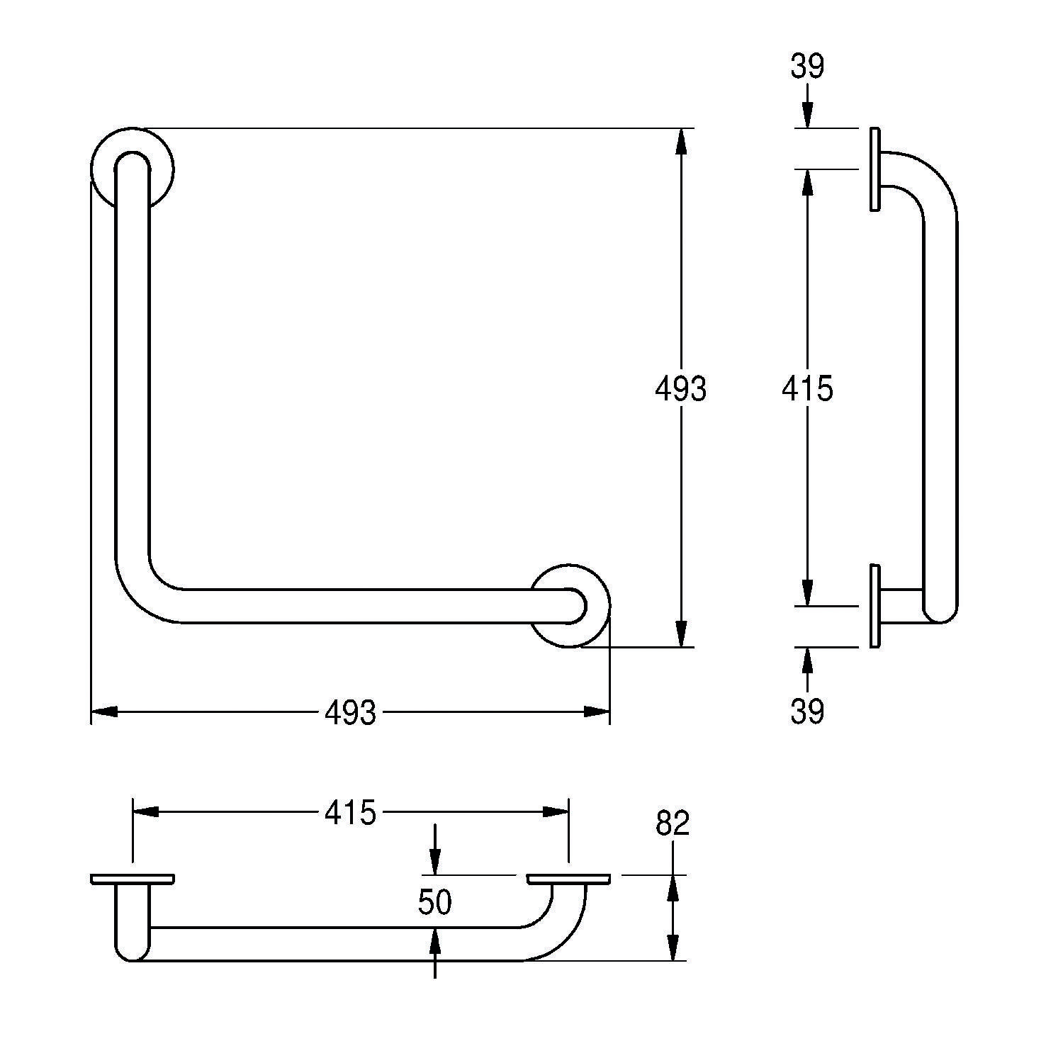 Diagramm einer U-förmigen Haltestange mit Abmessungen: Breite 493 mm, Höhe 493 mm, Tiefe 82 mm, Halterungsbreite 415 mm und Versatz 50 mm.