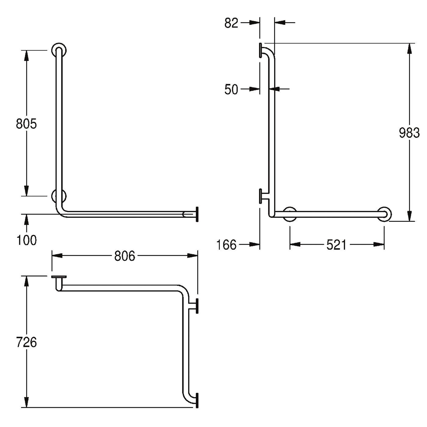 KWC Wandhandlauf, CONTINA, Edelstahl, für. Ecken, 806x983x726 mm, Ausf. Rechts