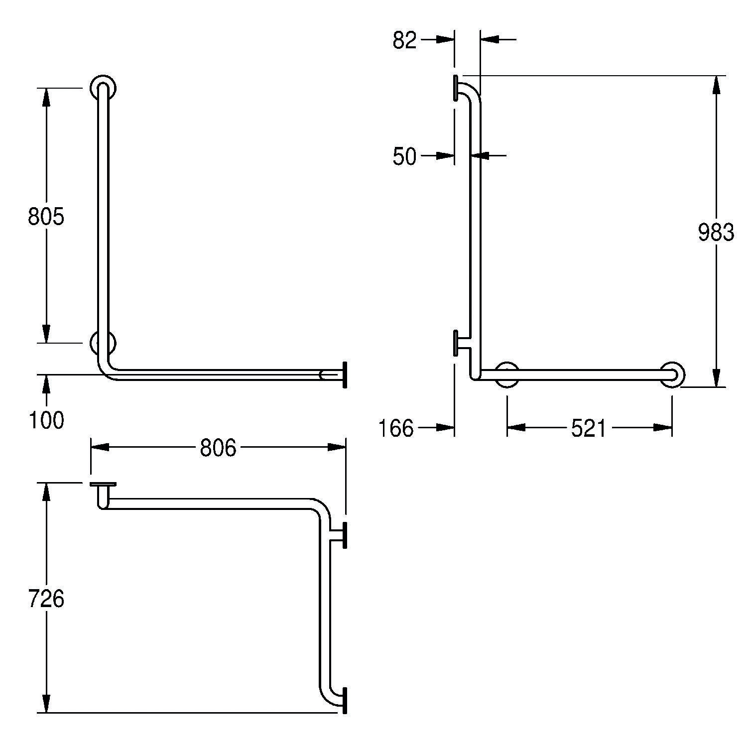 Technische Zeichnung eines rechtwinkligen Halters mit drei Ansichten, die die Abmessungen zeigen: 805 mm und 983 mm Höhe, 521 mm Tiefe.