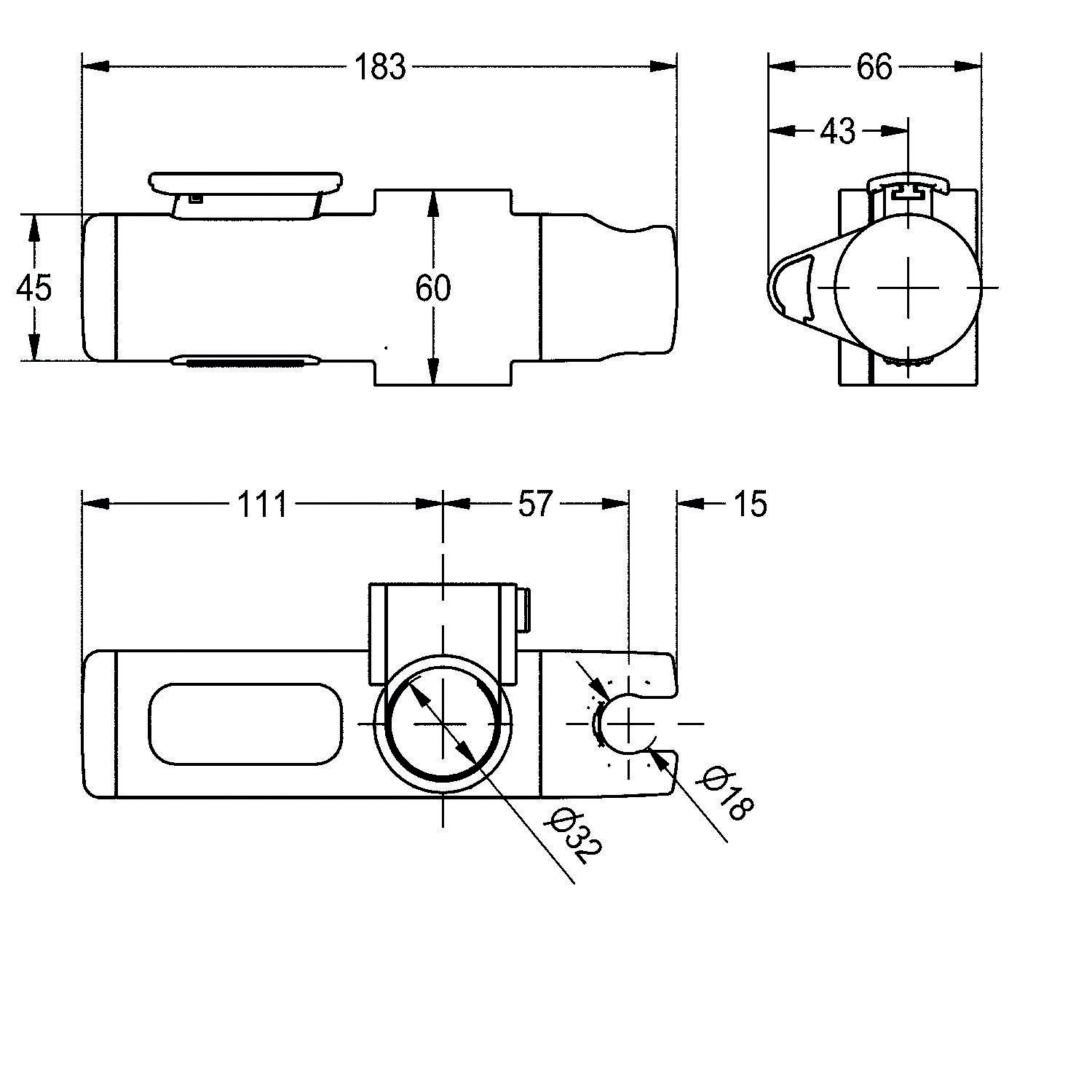 Technische Zeichnung einer mechanischen Komponente mit Abmessungen: 183 x 45 x 60 mm. Merkmale umfassen ein zentrales zylindrisches Element und detaillierte Seitenansichten.