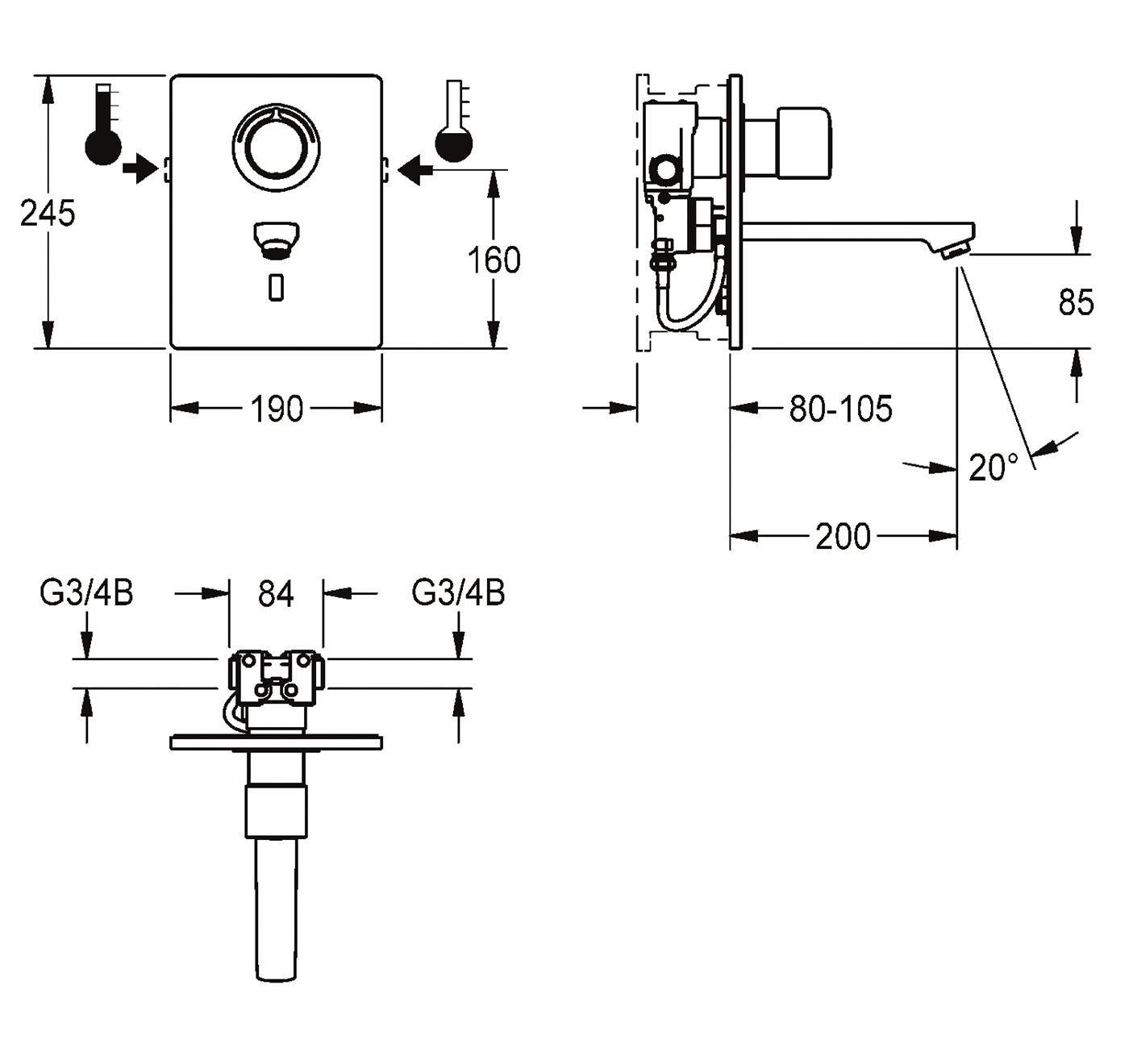 KWC Wascharmatur, F5, Elek, Thermostat, UP, F-set, Ausld. 200mm, 6l, für. Netzteil