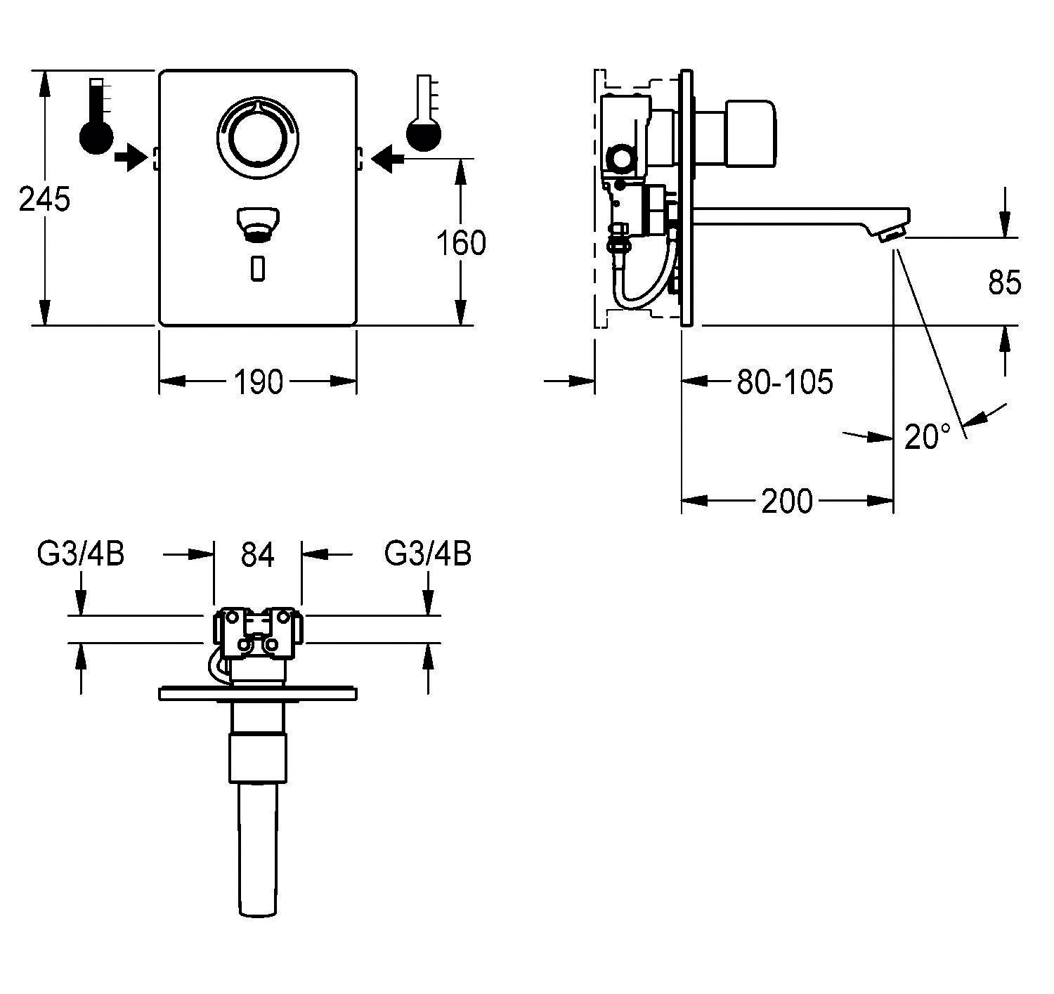 Technische Zeichnung einer Wandarmatur. Zeigt Maße: Höhe 245 mm, 160 mm; Breite 190 mm. Rohranschlüsse beschriftet mit G3/4B und G3/4B.