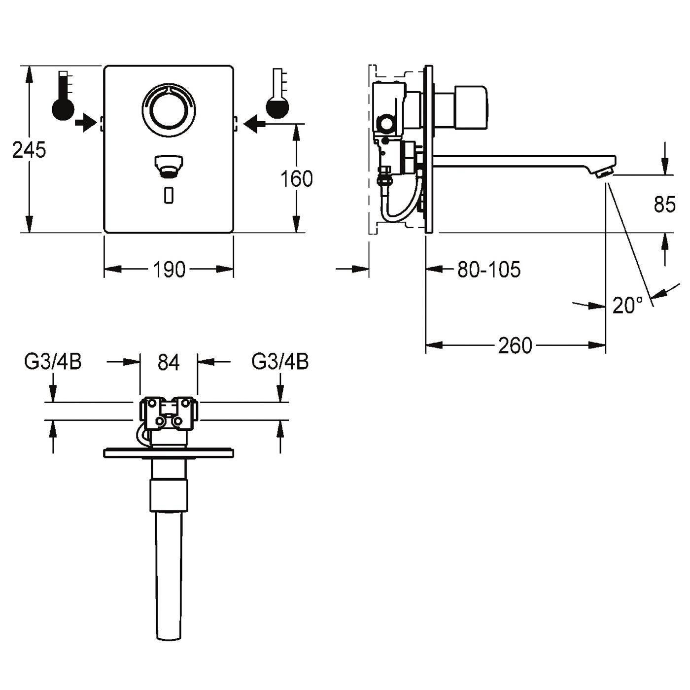 KWC Wascharmatur, F5, Elek, Thermostat, UP, F-set, Ausld. 260mm, 6l, für. Netzteil