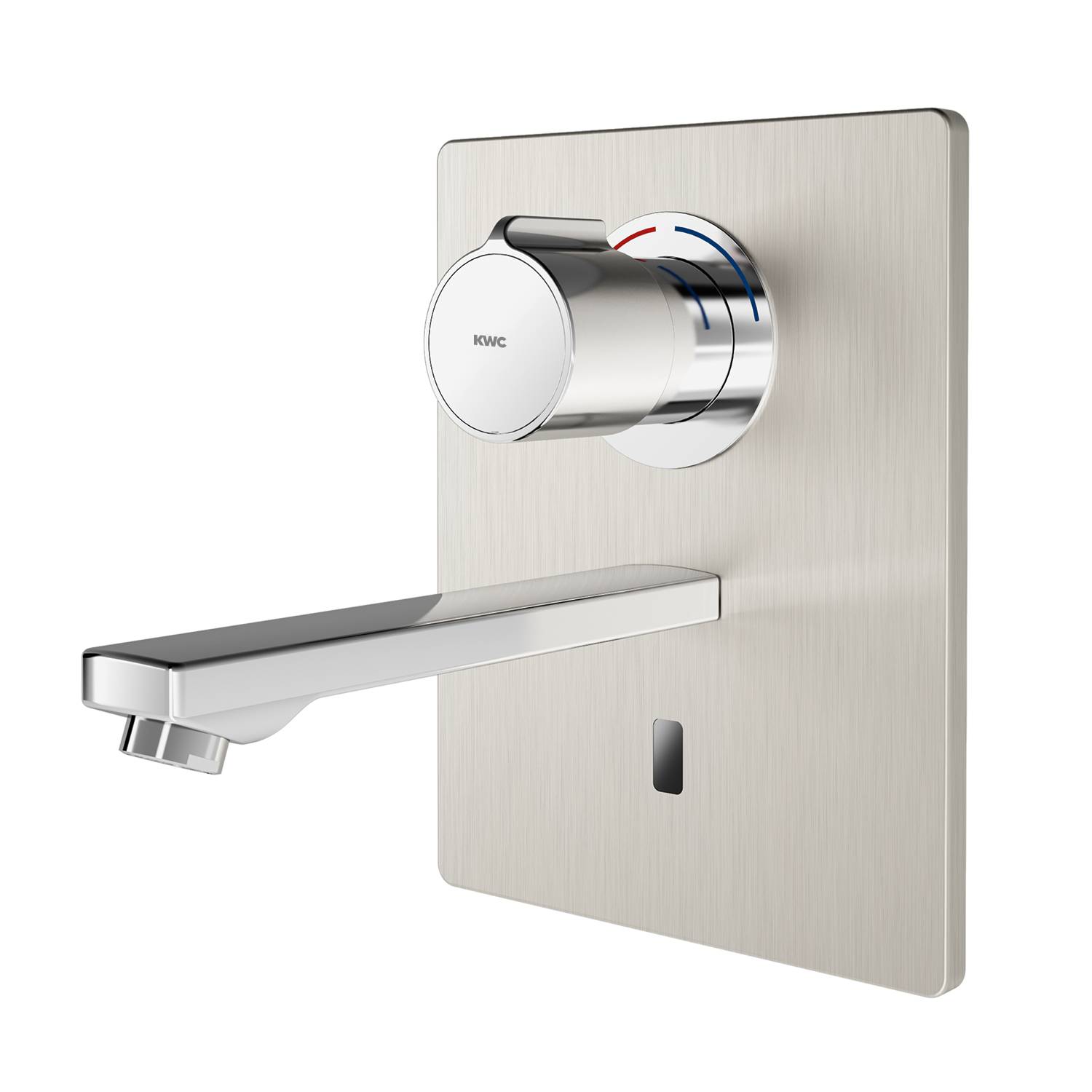 Eine elegante, moderne wandmontierte Chrom-Armatur mit einem Einhebelgriff, montiert auf einem gebürsteten Metallrückenschild, vor einem schwarzen Hintergrund.