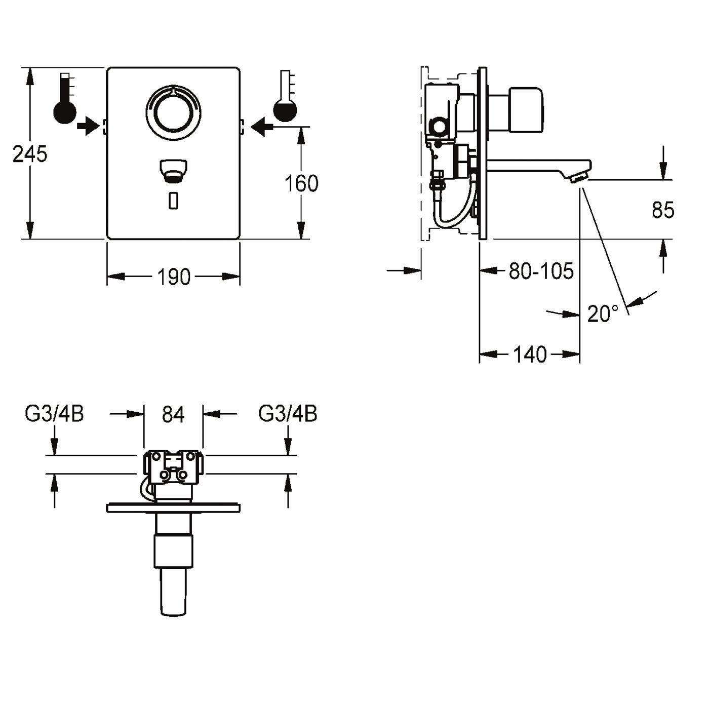 KWC Wascharmatur, F5, Elek, Thermostat, UP, F-set, Ausld. 140mm, 6l, für. Netzteil