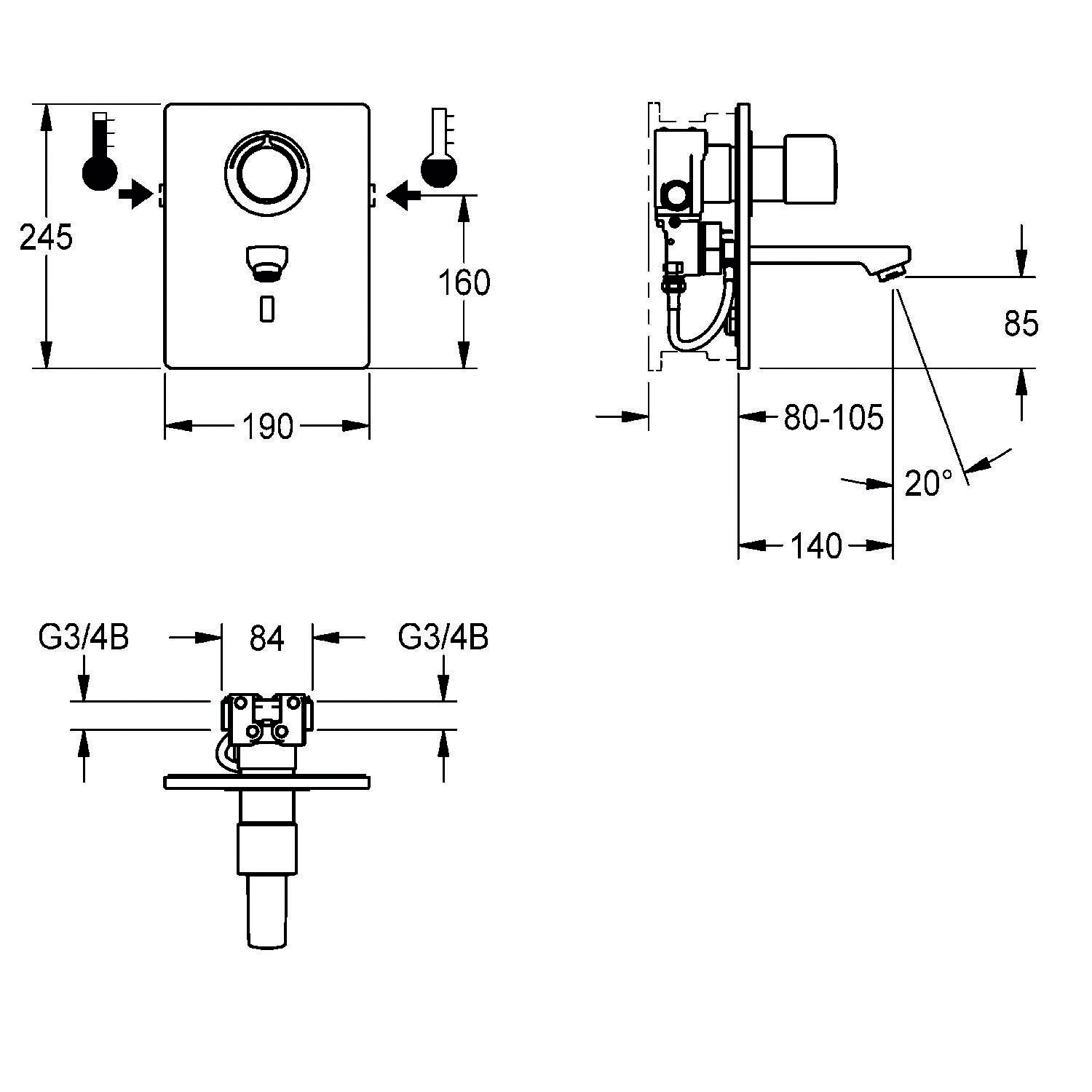 Technische Zeichnung eines Wandarmaturs. Vorder- und Seitenansicht mit Maßen: Höhe 245 mm, Breite 190 mm, Ausladung 140 mm, Verstellung 85 mm.