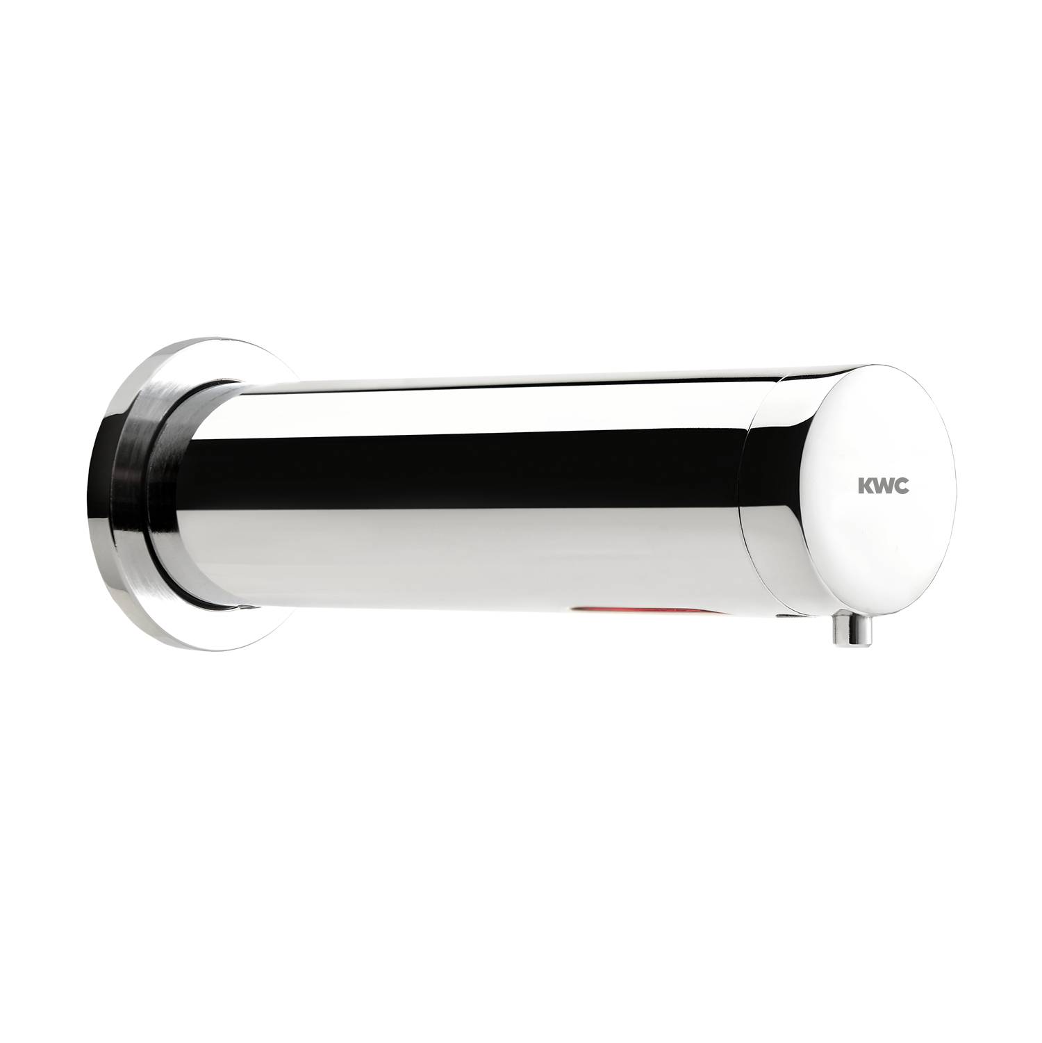 Eine Wandarmatur aus Edelstahl in zylindrischer Form mit elegantem Design und einem kleinen Hebel, an der Seite mit 
