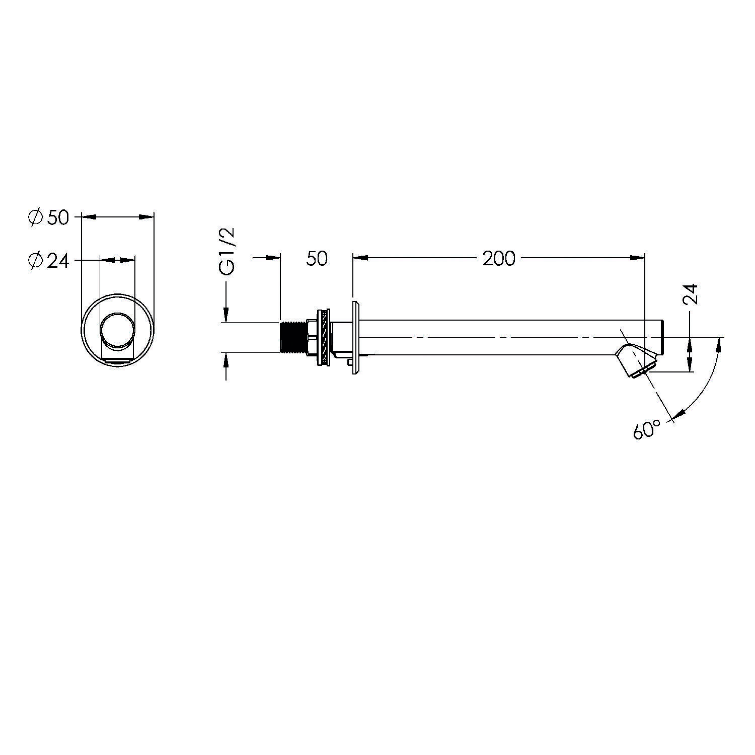 Technische Zeichnung eines geraden Rohres mit Gewindeanschluss, 200 mm Länge, 50 mm Durchmesser und einem 60-Grad-Winkelende, beschriftet mit G1/2.