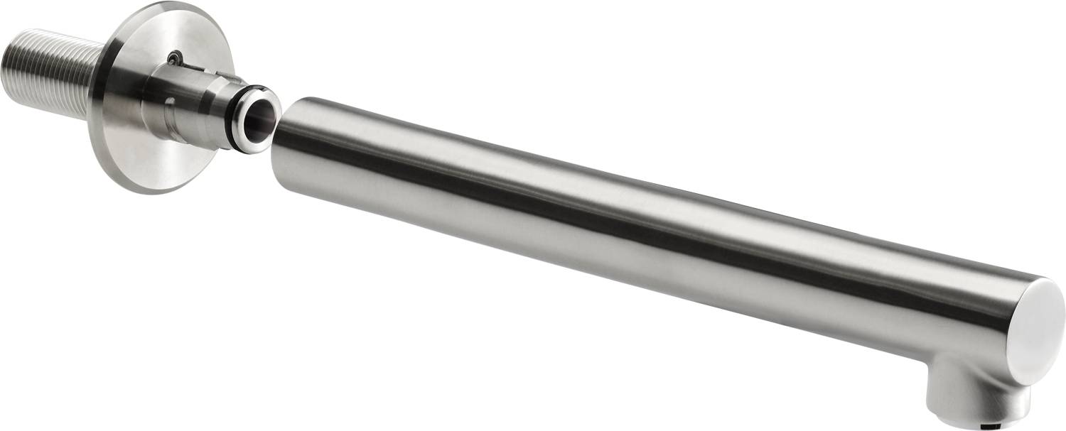 Eine Nahaufnahme einer glänzenden, glatten Metallstange vor einem schwarzen Hintergrund, die diagonal über das Bild verläuft.