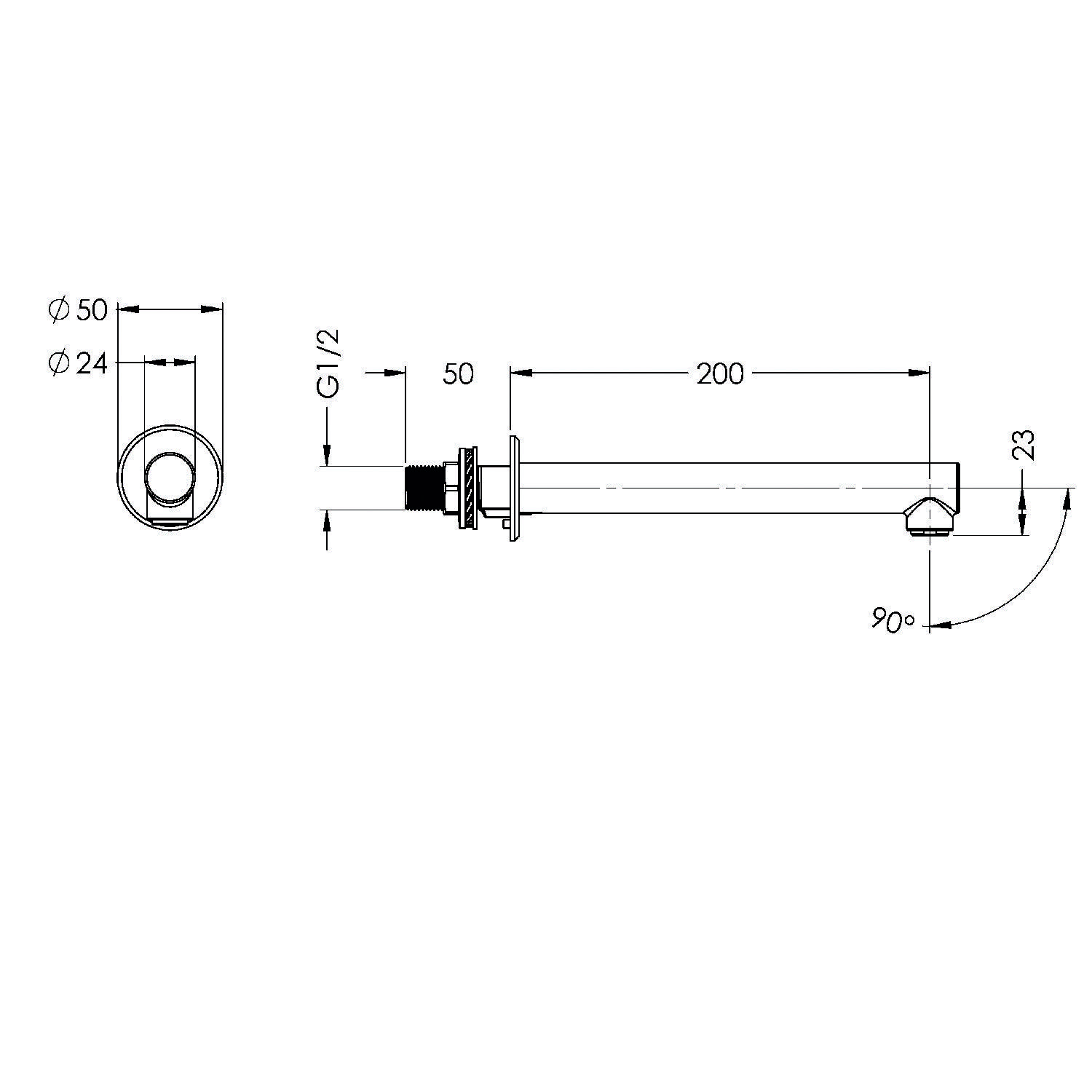 Technische Zeichnung eines geraden Rohrs mit einem 90-Grad-Bogen an einem Ende. Abmessungen umfassen 200 mm Länge, 50 mm und 24 mm Durchmesser.