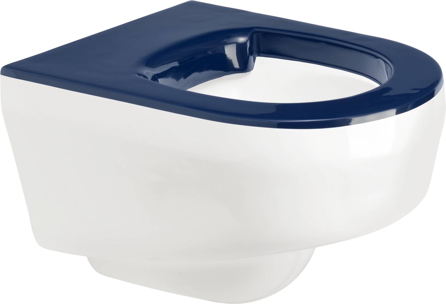 Ein weiß-marineblauer Toilettensitz mit modernem, elegantem Design, der vor einem schlichten Hintergrund präsentiert wird.