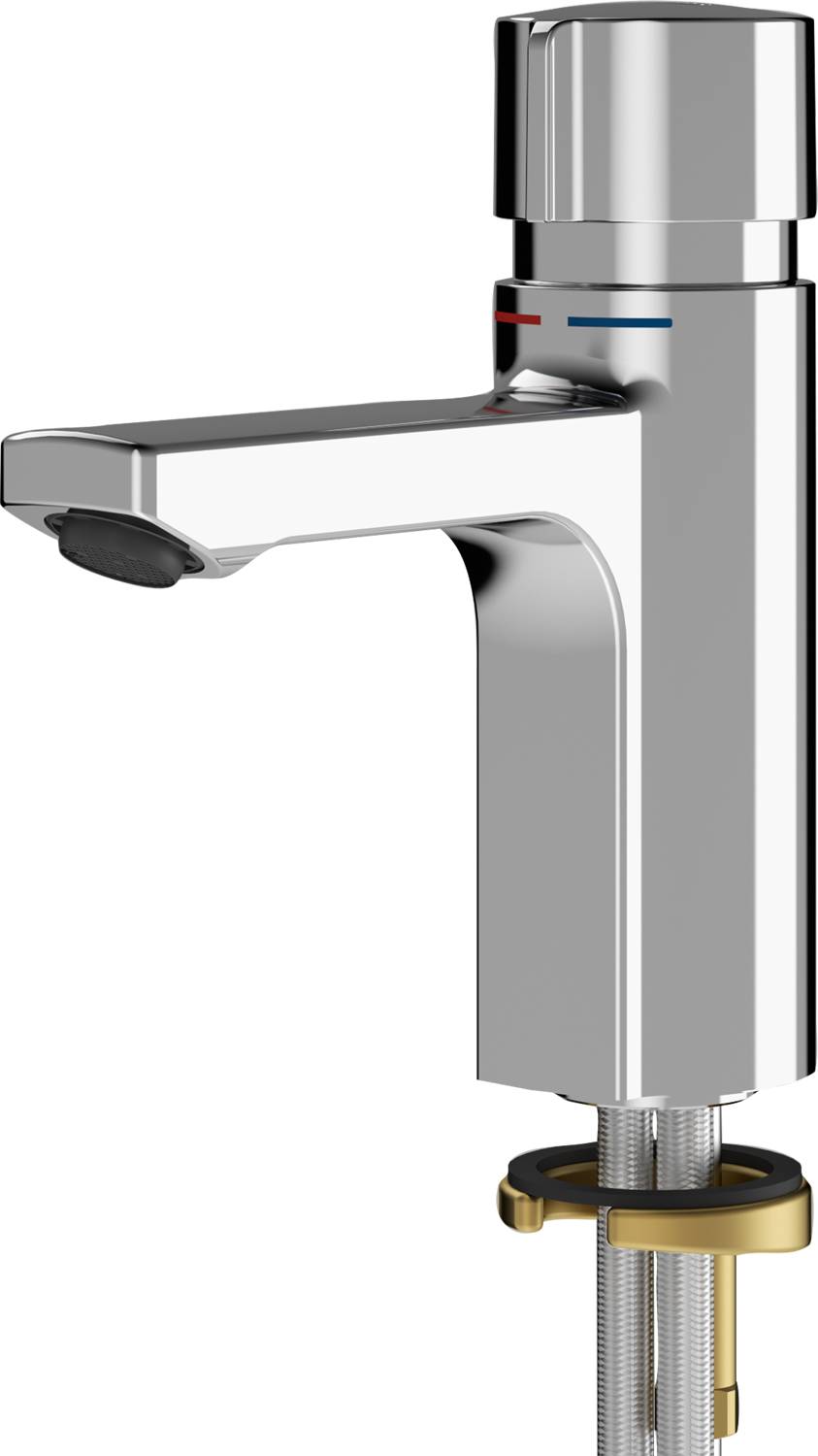 Ein moderner Wasserhahn aus Silber mit rechteckigem Design, ausgestattet mit roten und blauen Anzeigern am Griff zur Steuerung von Warmwasser und Kaltwasser.