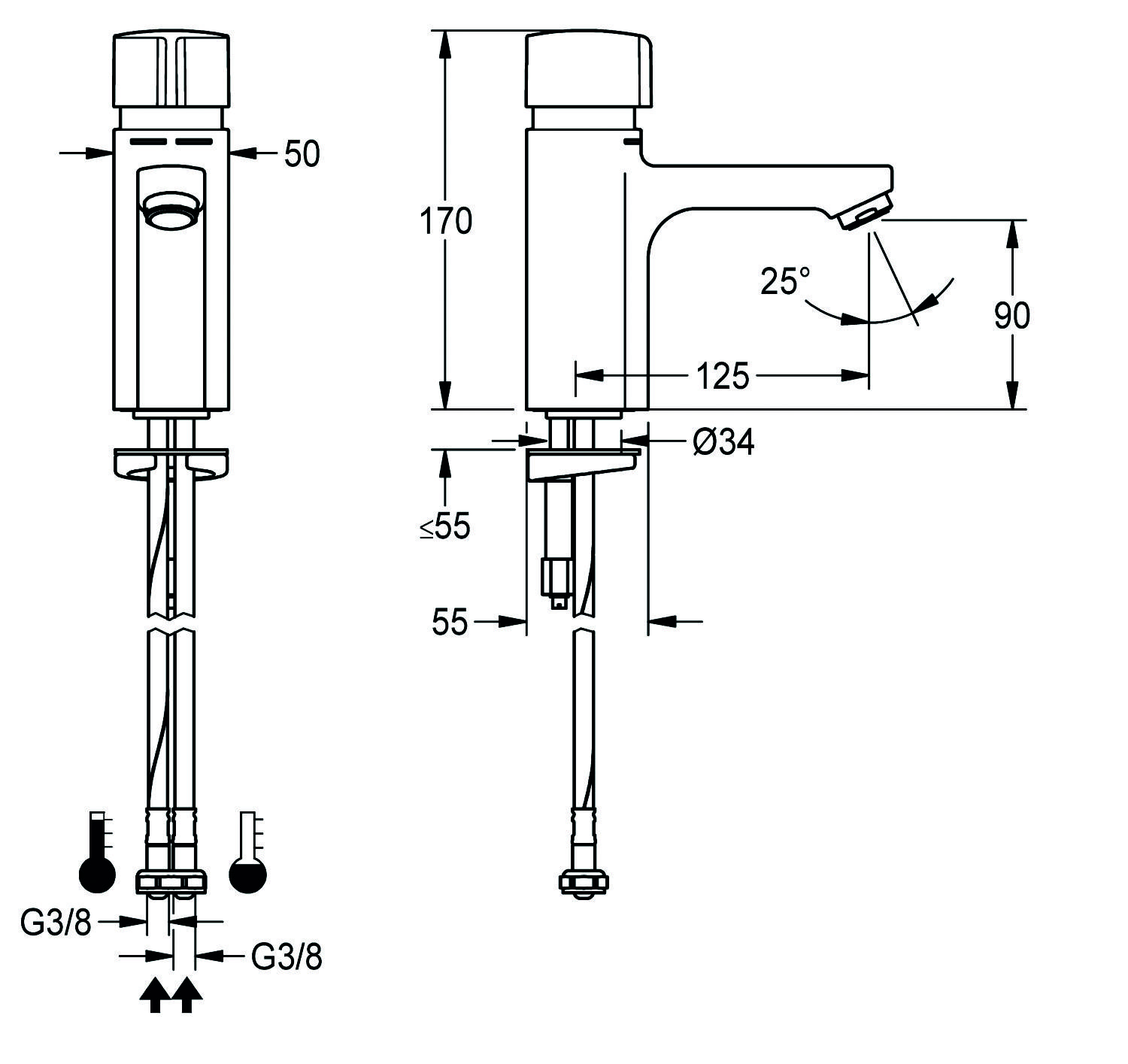 Diagramm eines Wasserhahns mit Abmessungen: Höhe 170 mm, Auslaufweite 90 mm, Winkel 25°, Lochdurchmesser Ø34, Schlauchverbindungen G3/8