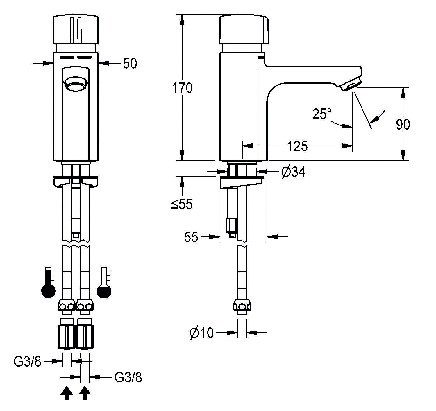 Technische Zeichnung eines Wasserhahns, mit Vorder- und Seitenansicht und Maßangaben: Höhe 170 mm, Auslauflänge 125 mm und Basisdurchmesser 34 mm.