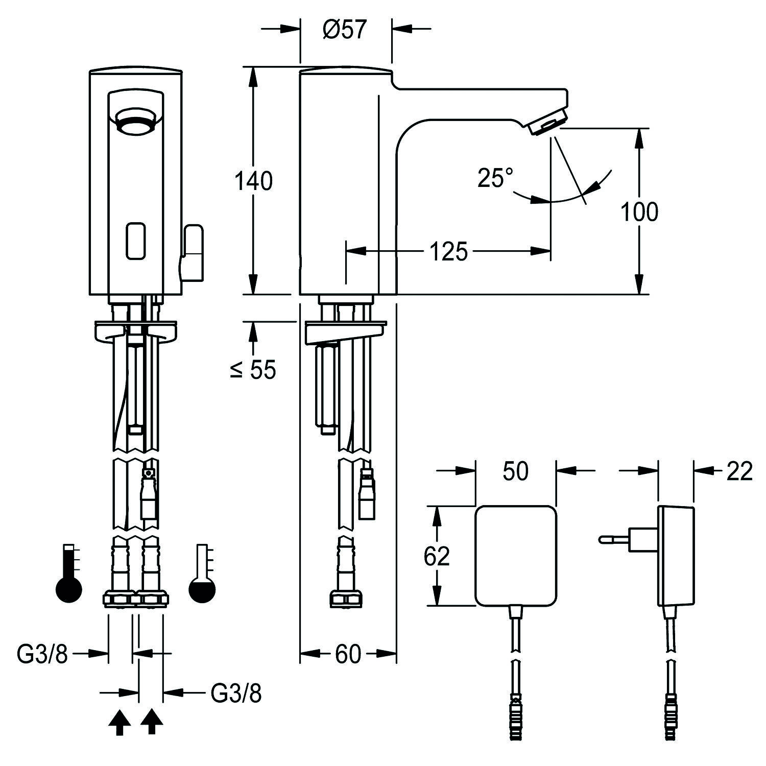 Technische Zeichnung eines Wasserhahns mit Maßangaben. Merkmale umfassen einen Durchmesser von 57 mm, eine Höhe von 140 mm und einen Auslaufwinkel von 25 Grad.