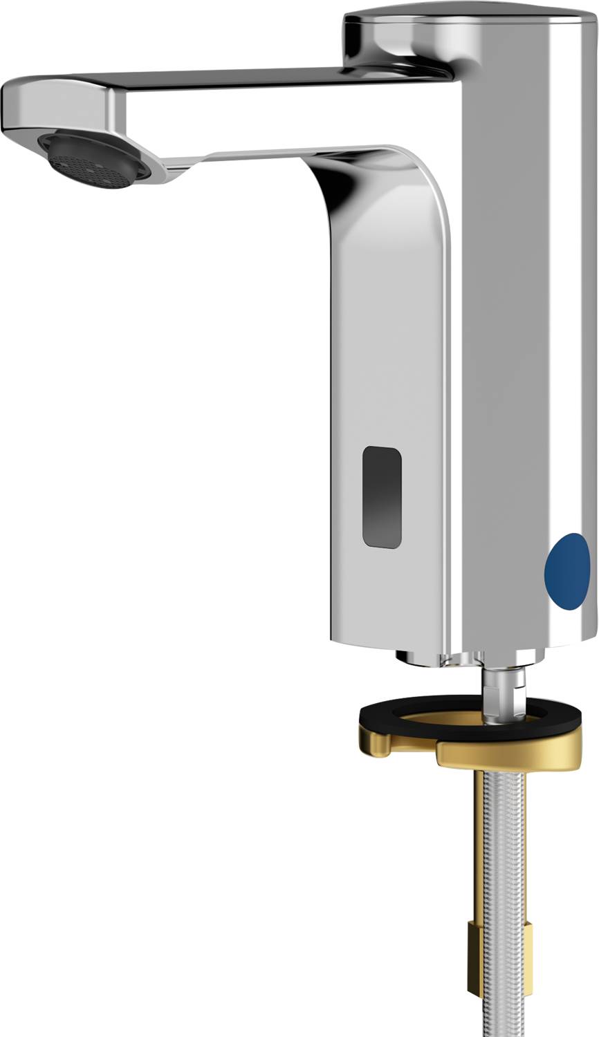 Automatischer Wasserhahn auf schwarzem Hintergrund, mit glänzender Metalloberfläche und Sensor zur berührungslosen Wasserflusserfassung.