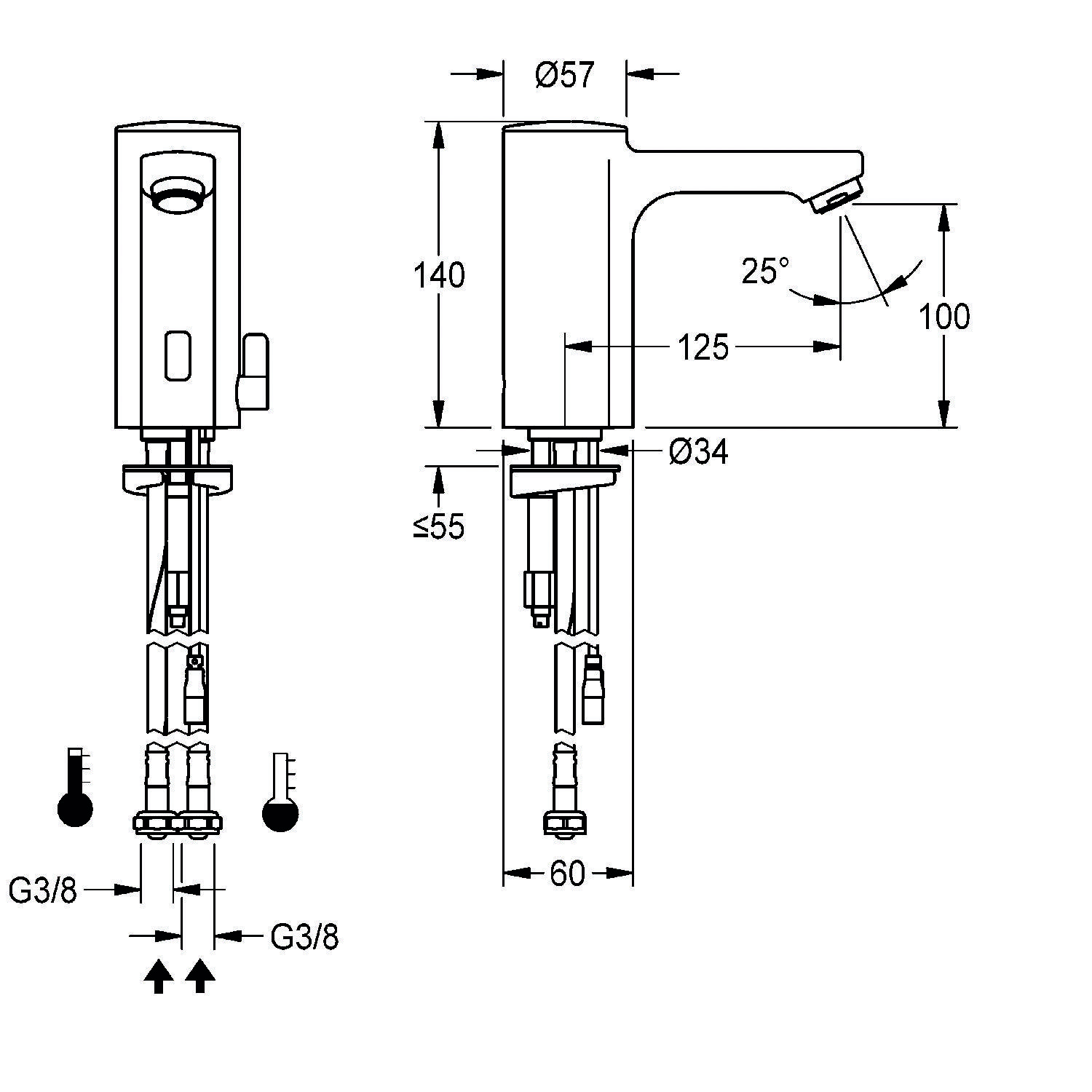 „Technische Zeichnung eines Wasserhahns mit Maßangaben: Höhe 140 mm, Auslaufhöhe 100 mm, Auslaufweite 125 mm, Neigung 25°, Basis Ø 34 mm.