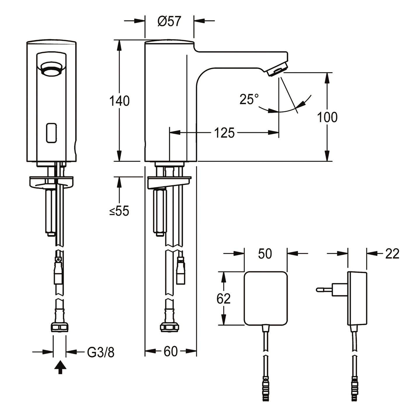 KWC Standventil, F5, Elek, O. Mischung, 3l, Steckernetzteil 230 VAC
