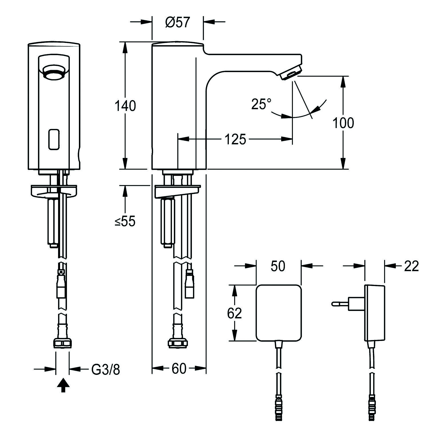 Technische Zeichnung eines Wasserhahns mit Maßen: Höhe 140 mm, Auslauflänge 125 mm, Schwenkwinkel 25°, Basisdurchmesser 57 mm und G3/8-Anschlüsse.
