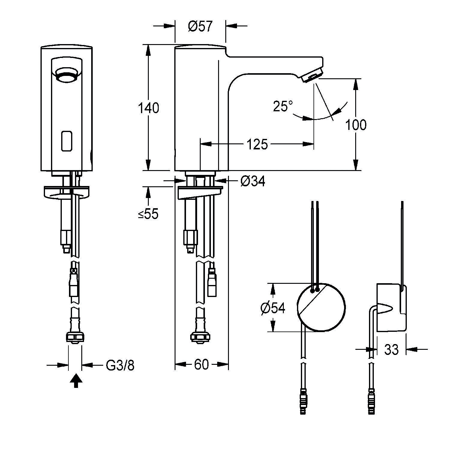 Technische Zeichnung eines Wasserhahns mit Maßangaben. Höhe: 140 mm, Auslaufwinkel: 25 Grad, Auslaufreichweite: 125 mm, Basisdurchmesser: 34 mm.