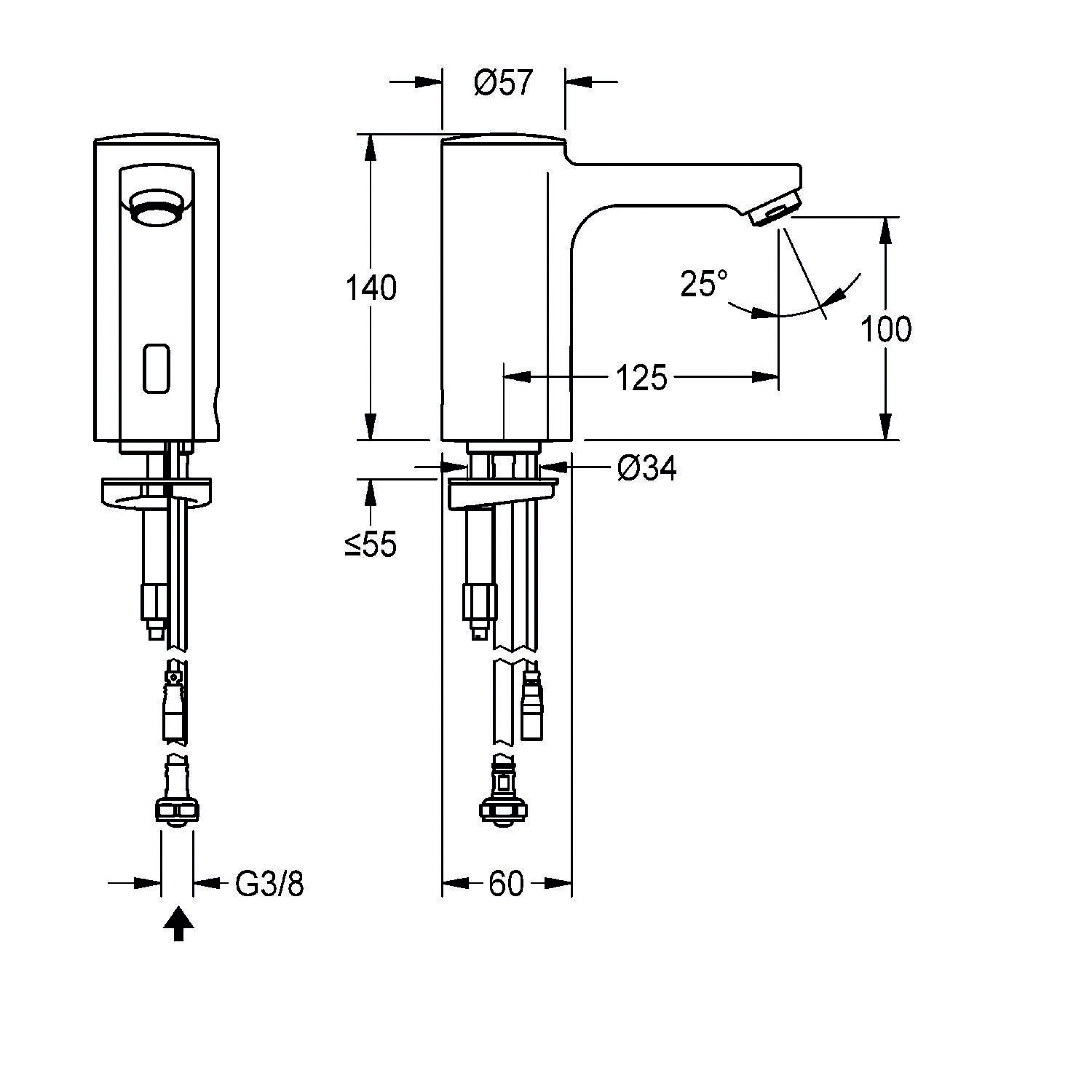 Technische Zeichnung eines Wasserhahns mit Maßangaben: Höhe 140 mm, Auslauflänge 125 mm, Auslaufhöhe 100 mm, Durchmesser 57 mm.