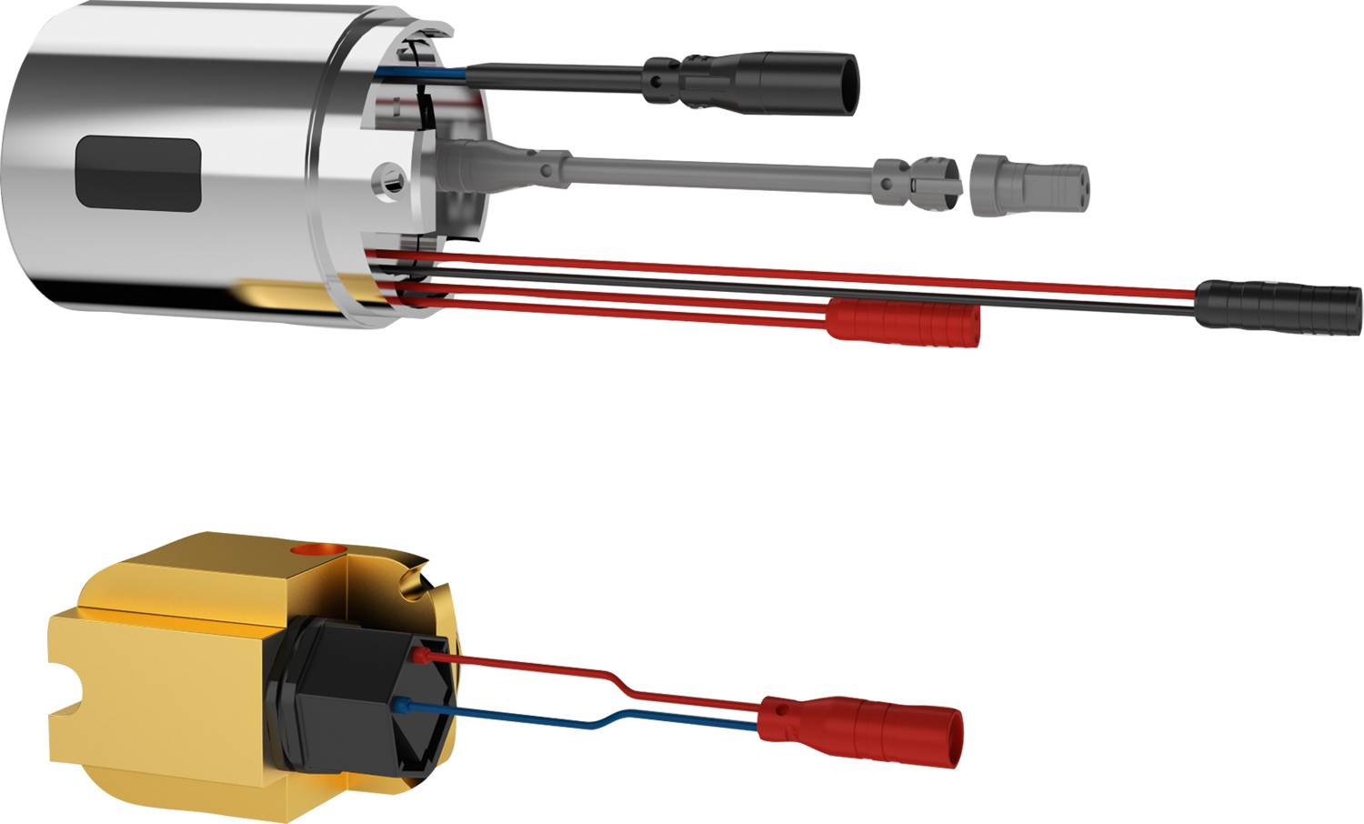 Diagramm elektrischer Anschlüsse: Ein silberner zylindrischer Anschluss und ein goldener rechteckiger Anschluss, jeweils mit roten und schwarzen Kabeln verbunden.