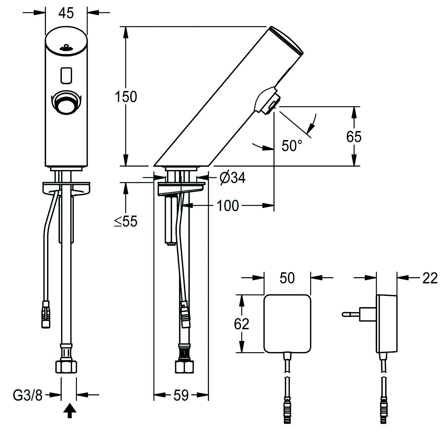 Technische Zeichnung eines Wasserhahns mit Maßen: Höhe 150 mm, Auslaufwinkel 50°, Auslaufhöhe 65 mm. Einschub zeigt Maße des Netzteils: 50 mm Breite, 62 mm Höhe, 22 mm Tiefe.