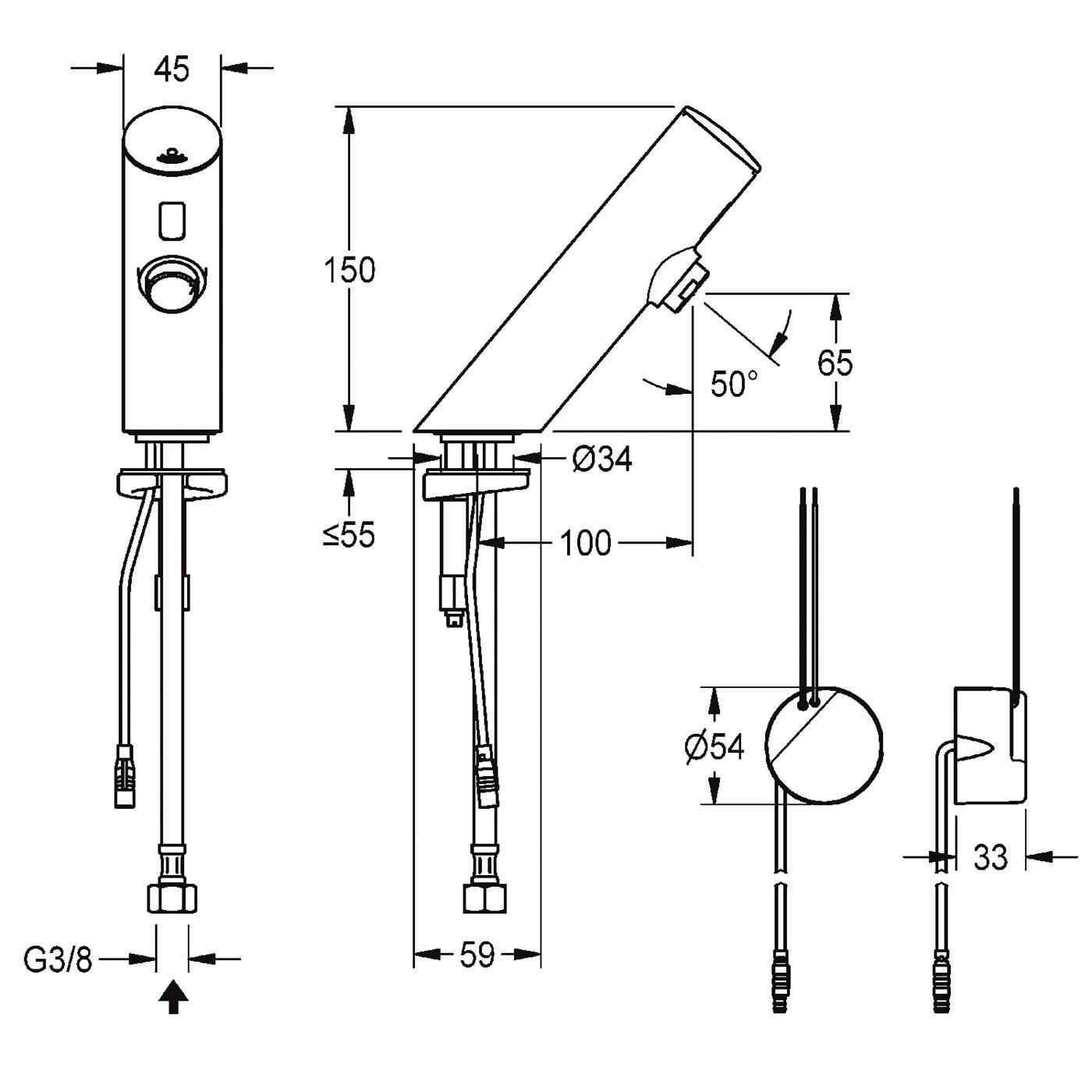KWC Standventil, F3, Elek, O. Mischung, 3l, Up-netzteil 230 VAC