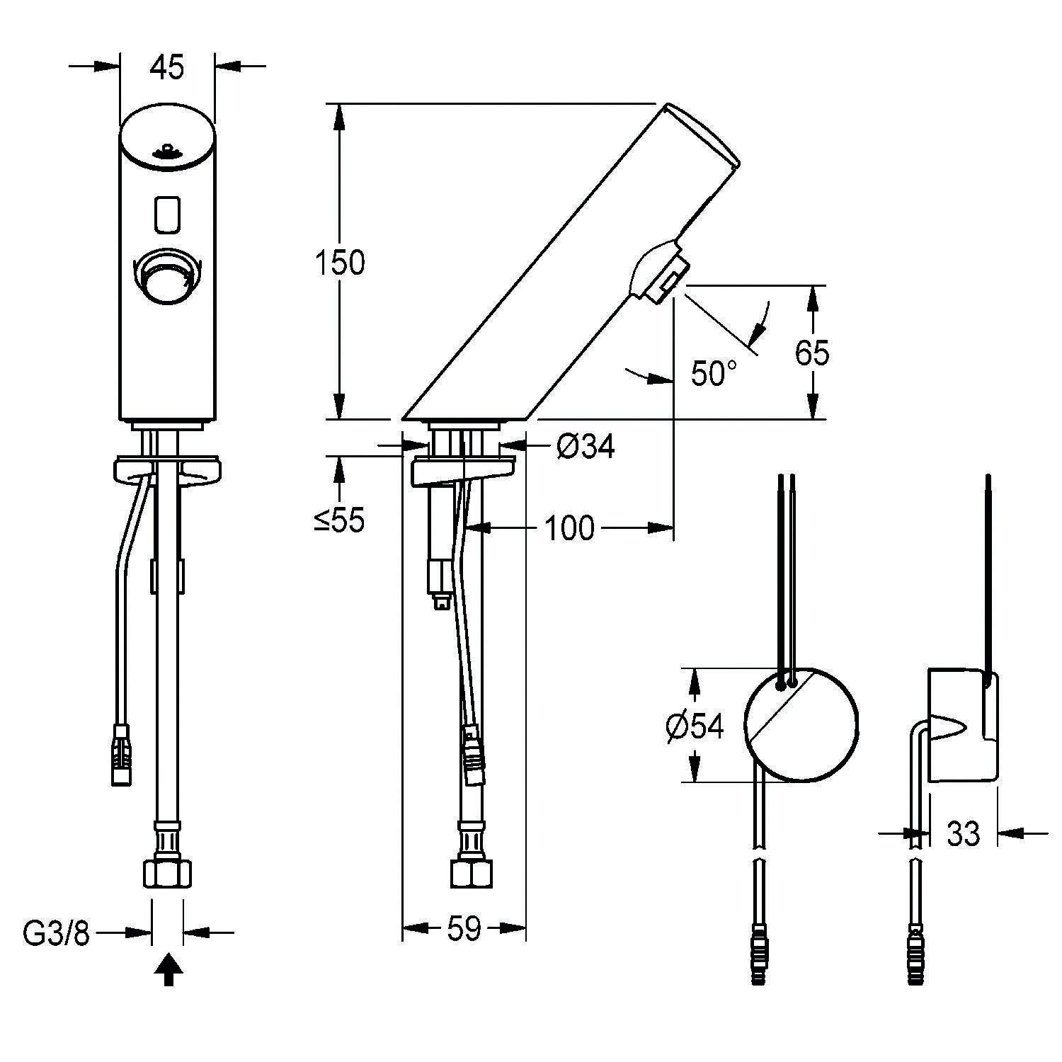 Technische Zeichnung eines sensorgesteuerten Wasserhahns mit Maßangaben: Auslaufhöhe 150 mm, Auslaufreichweite 100 mm und Durchmesser 34 mm.