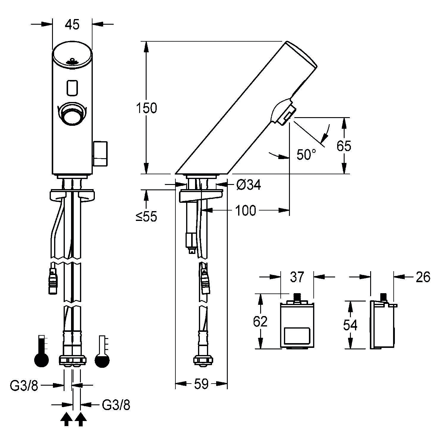 Technische Zeichnung mit Abmessungen und Winkeln eines Wasserhahns. Höhe 150 mm, Durchmesser 34 mm, Auslauf 65 mm unter einem Winkel von 50°. Batteriefach-Abmessungen enthalten.