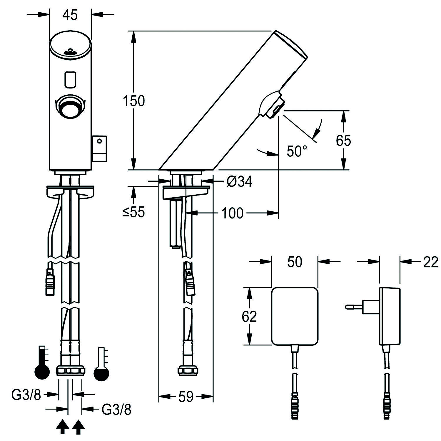 Technische Zeichnung eines Wasserhahns mit Maßen: Höhe 150 mm, Auslaufwinkel 50°, Auslauflänge 65 mm. Enthält Installationsdetails.