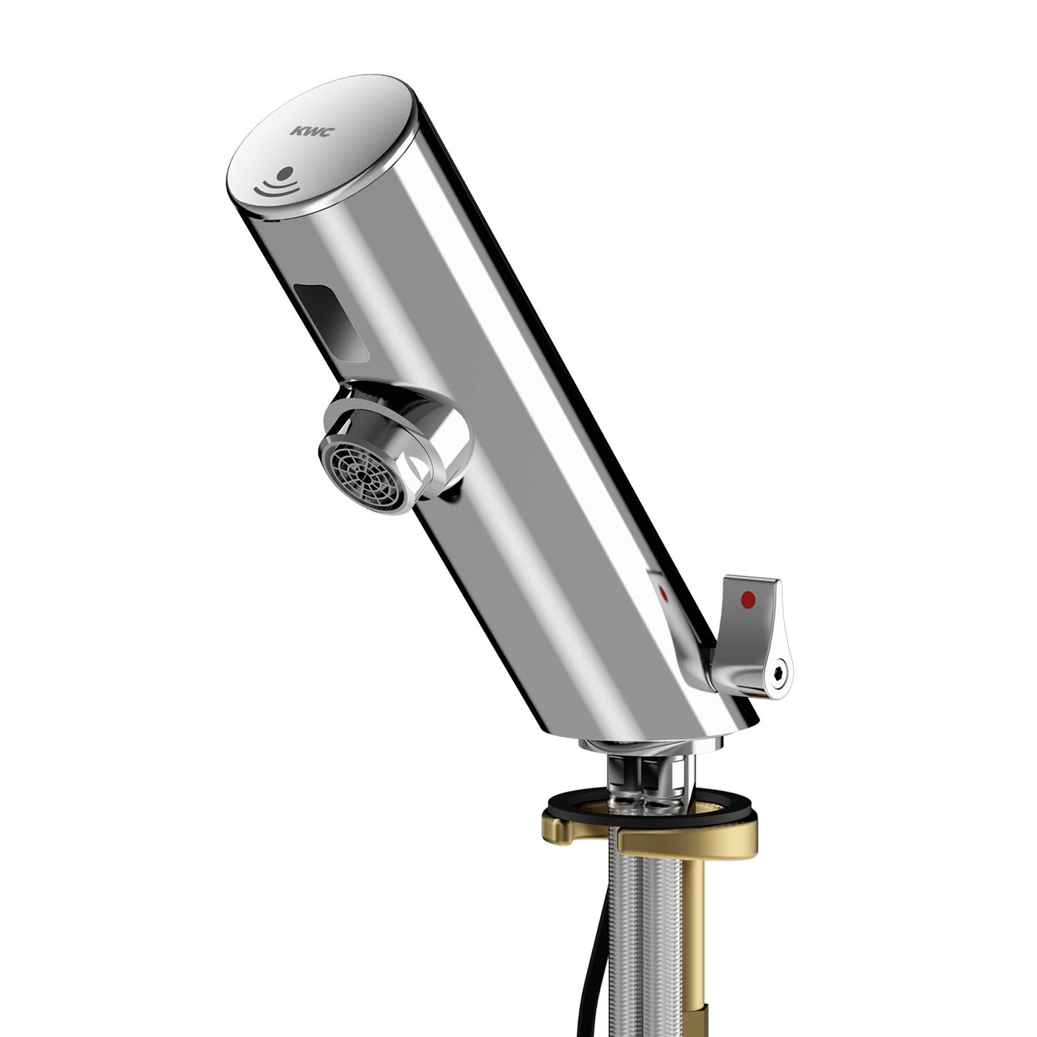 WeMo Wasserhahn mit elegantem Metallic-Design, berührungsloser Sensorfunktion und zylindrischer Form, aus einem seitlichen Winkel gezeigt.