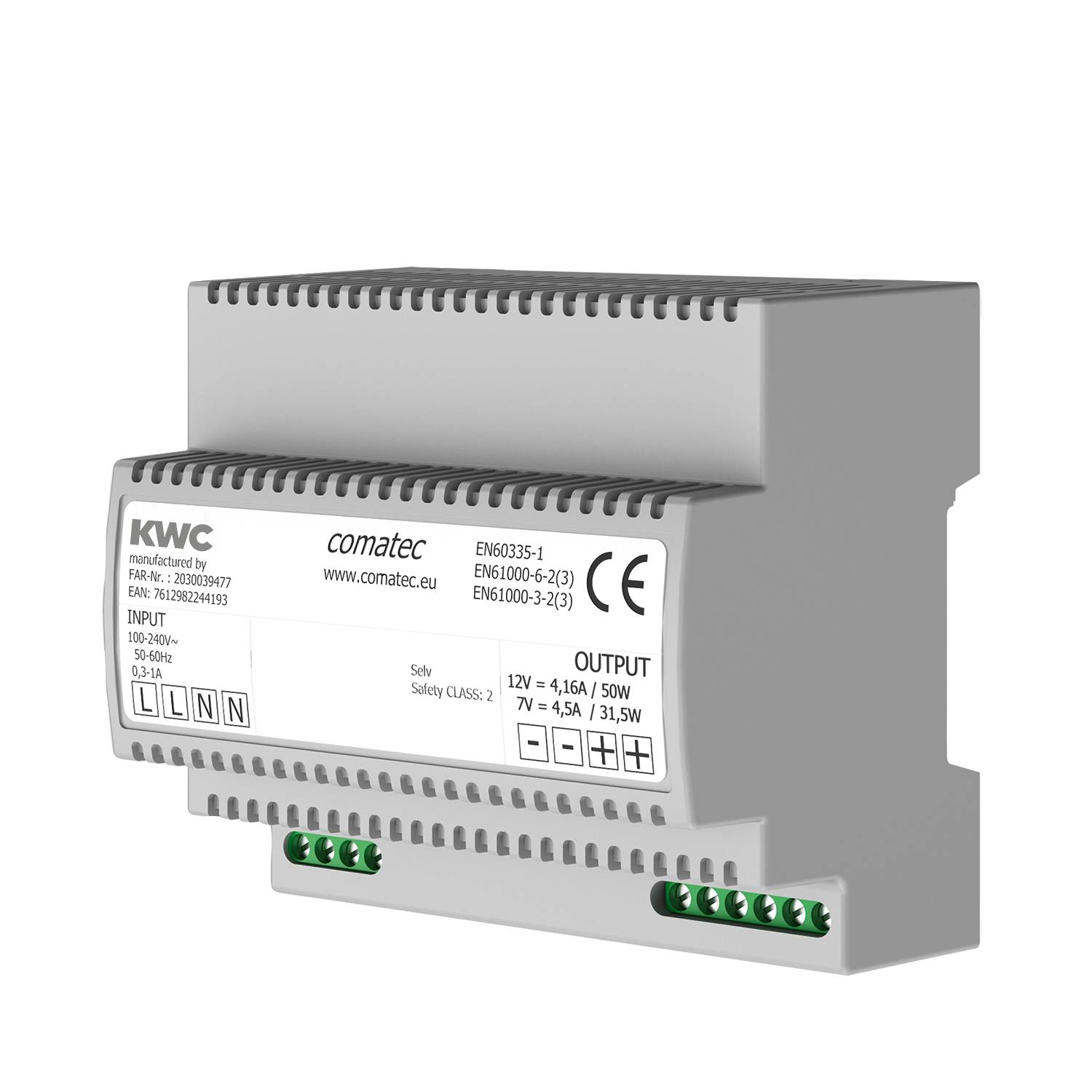 Weißes Comatec KWC Netzteilmodul, Modell EMG035-1, mit Ein- und Ausgabedetails, die auf dem Etikett sichtbar sind.