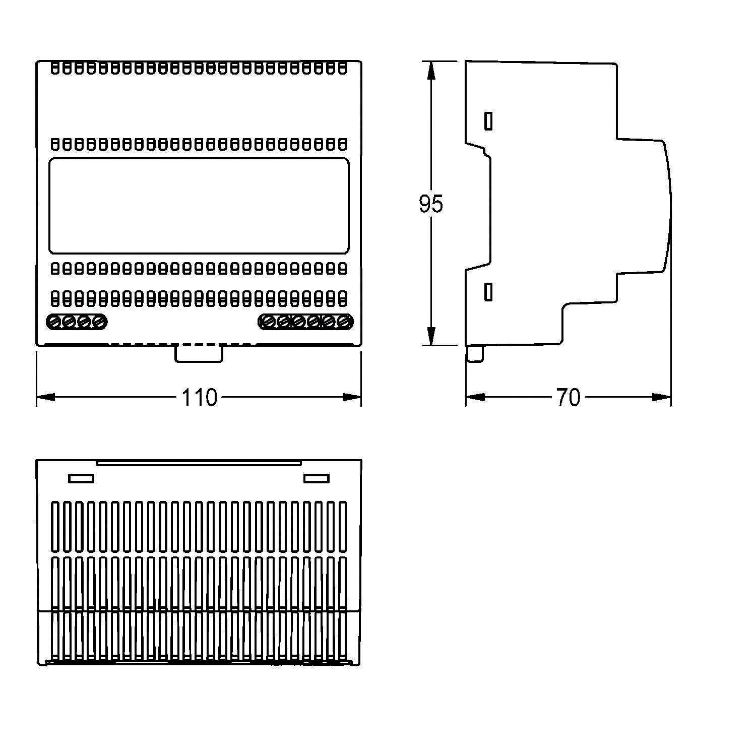 Eine technische Zeichnung, die die Abmessungen eines rechteckigen Geräts zeigt: 95 mm Höhe, 110 mm Breite und 70 mm seitliche Tiefe, mit Lüftungsdetails.