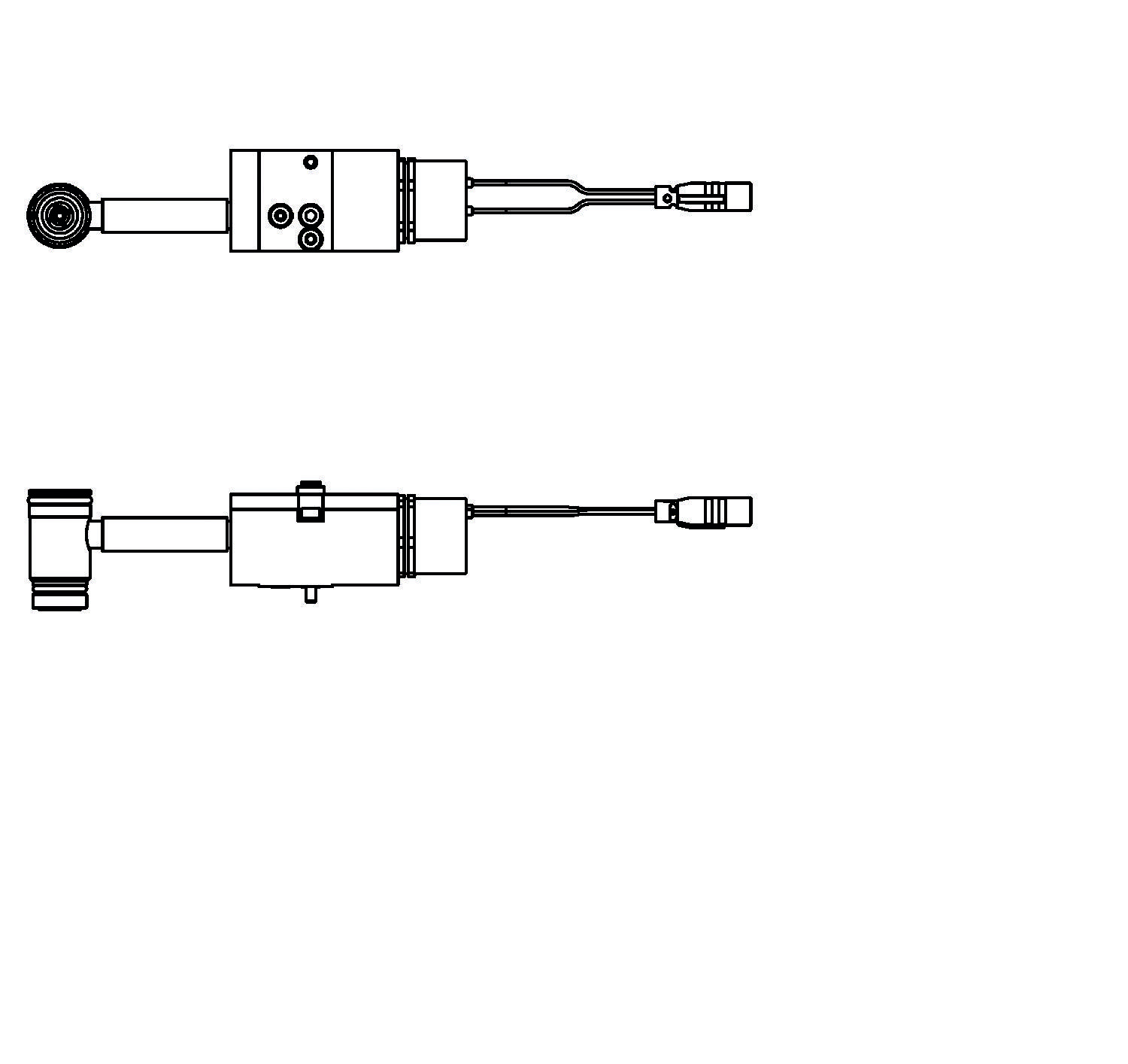 Diagramm von zwei axialen Ansichten einer zylindrischen mechanischen Baugruppe, die Anschlüsse und Einstellknöpfe zeigt, die von beiden Enden abstehen.