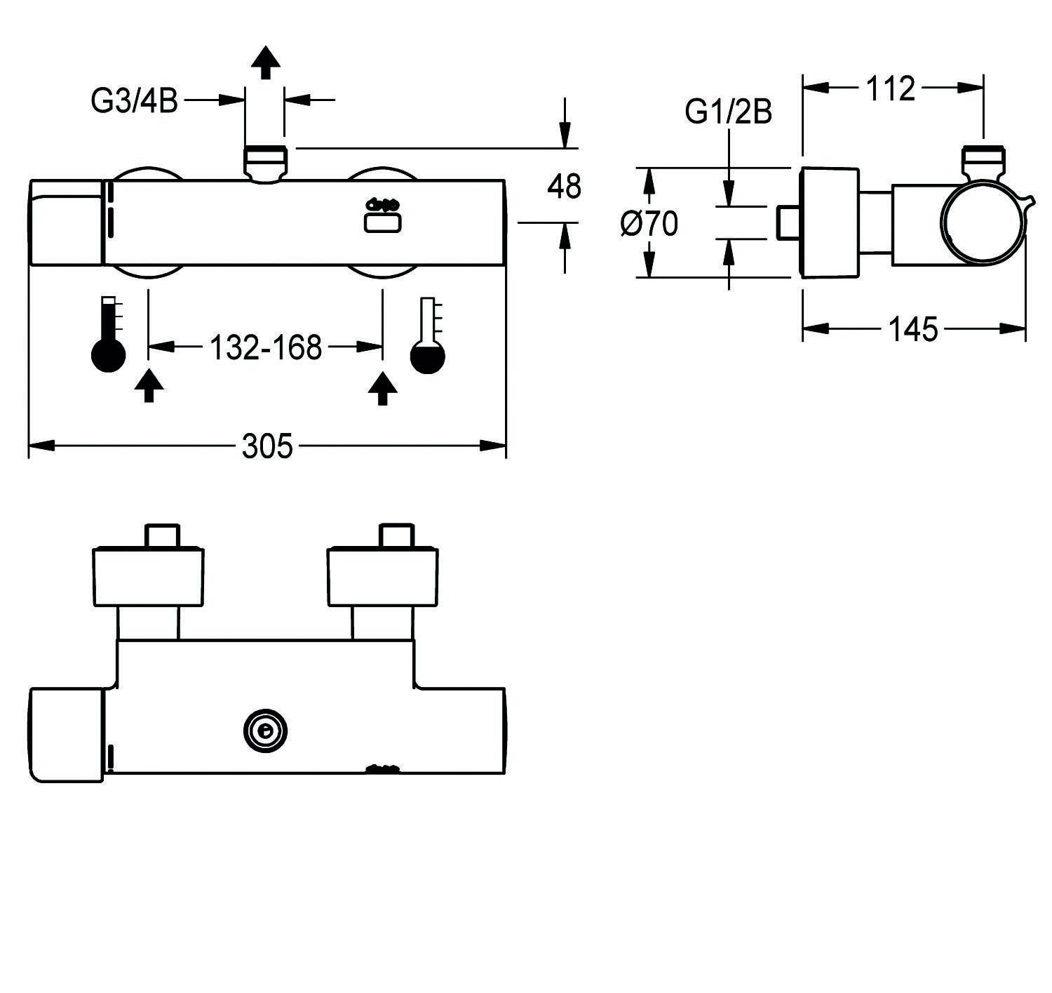 Eine technische Zeichnung eines thermostatischen Duschenmischers mit Abmessungen. Wichtige Maßangaben umfassen G3/4B, G1/2B, 132-168 mm, 305 mm, Ø70 mm und 145 mm.