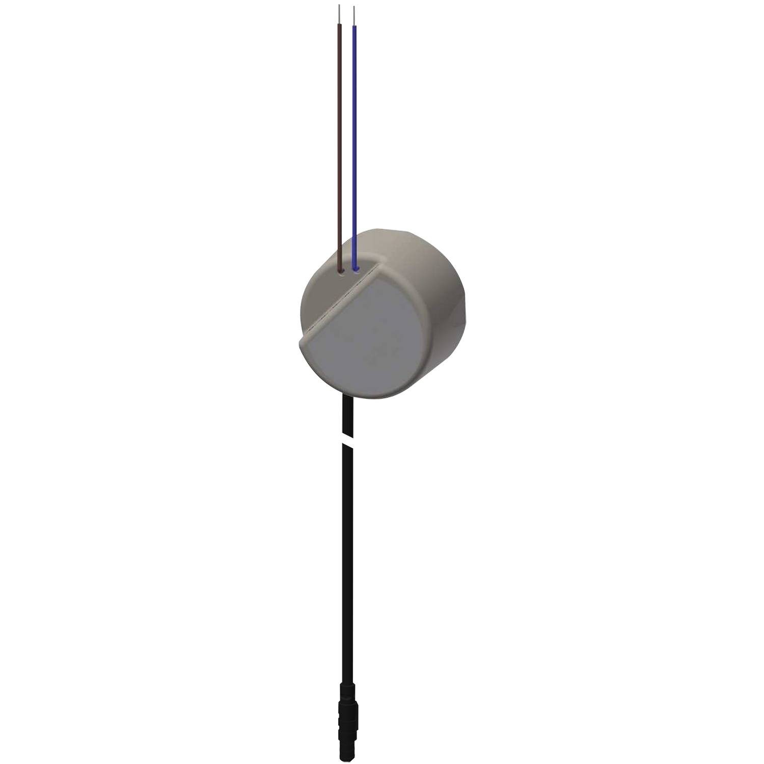Ein weißer elektrischer Stecker mit herausragenden schwarzen und blauen Kabeln, isoliert auf einem schwarzen Hintergrund.
