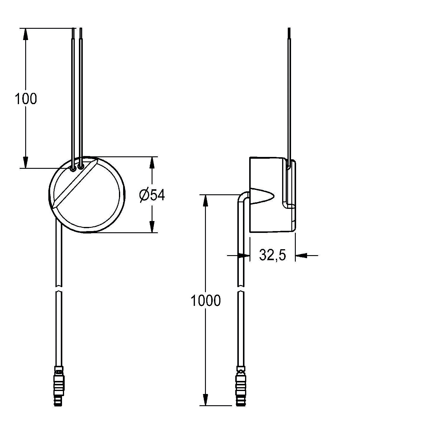 Technische Zeichnung einer kreisförmigen Wandleuchte, Maße: Höhe 100 mm, Durchmesser 54 mm, seitliche Ausladung 32,5 mm, vertikale Stütze 1000 mm.