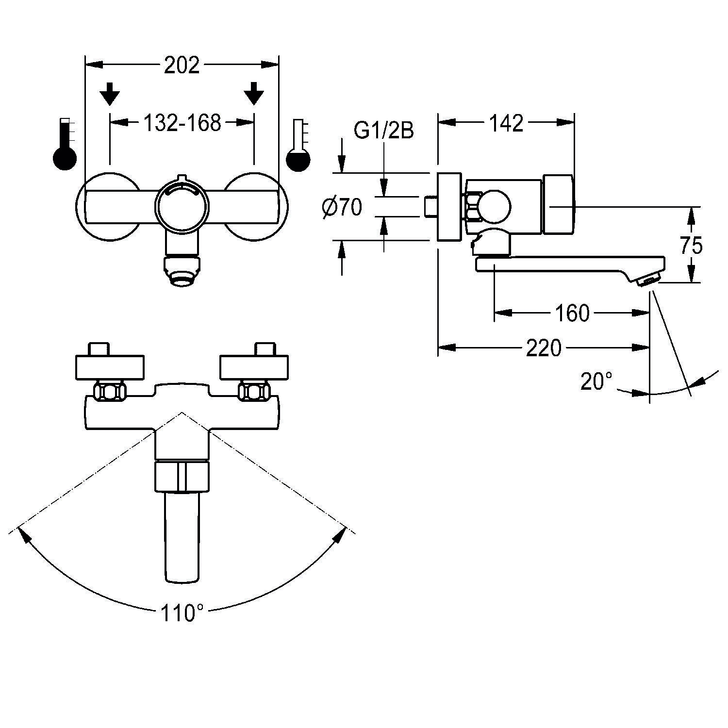 Technische Zeichnung eines Wasserhahns mit Abmessungen und Winkeln, einschließlich 20° Auslaufneigung, 142 mm Höhe und 110° Ventilwinkel.